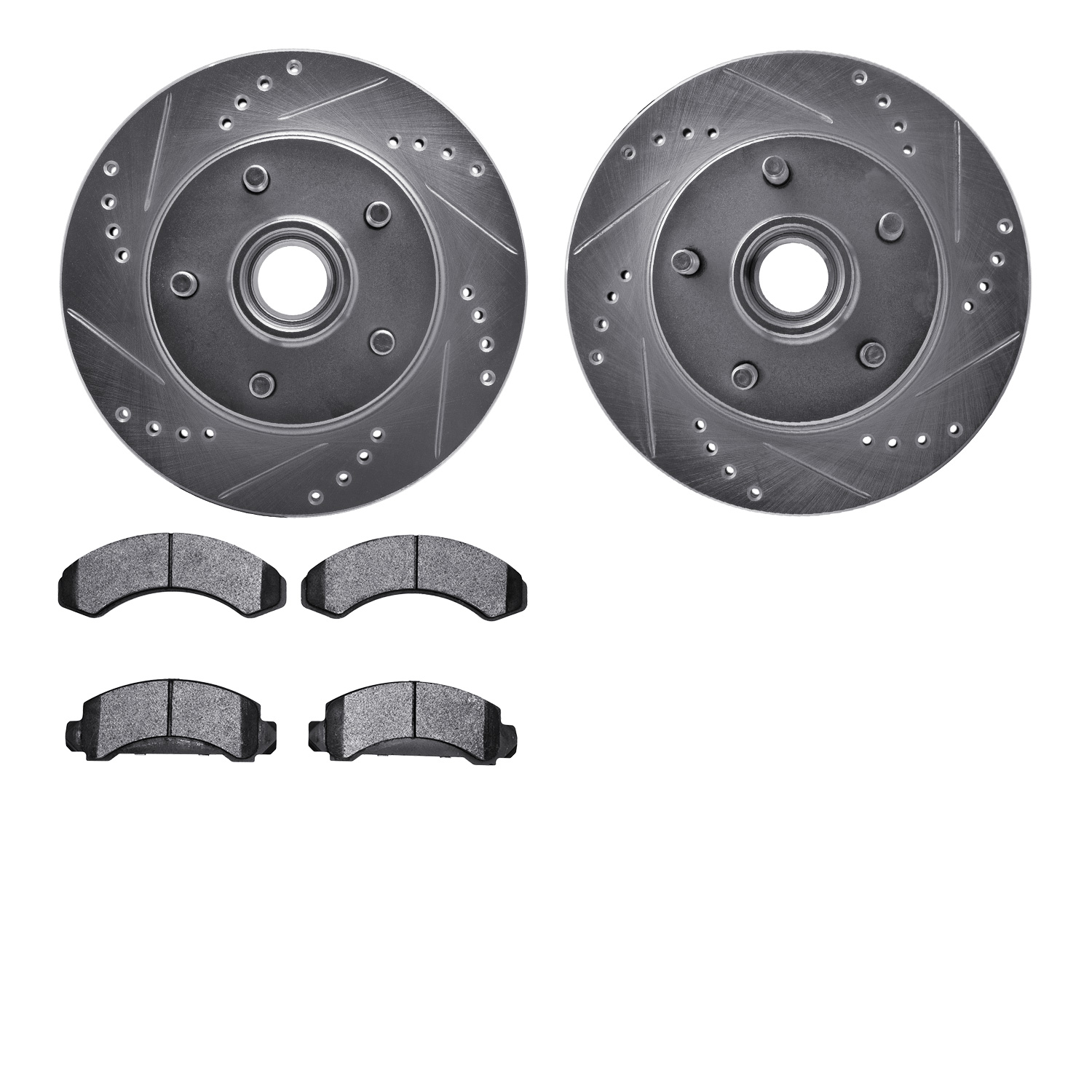 7202-99102 Drilled/Slotted Rotors w/Heavy-Duty Brake Pads Kit [Silver], 1992-1997 Ford/Lincoln/Mercury/Mazda, Position: Front