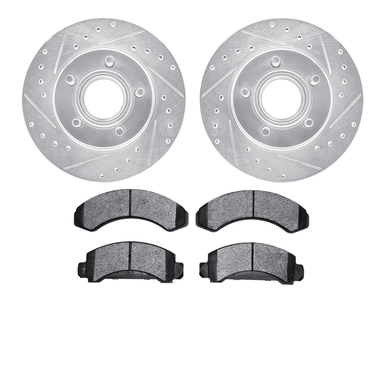 7202-99103 Drilled/Slotted Rotors w/Heavy-Duty Brake Pads Kit [Silver], 1993-1994 Ford/Lincoln/Mercury/Mazda, Position: Front