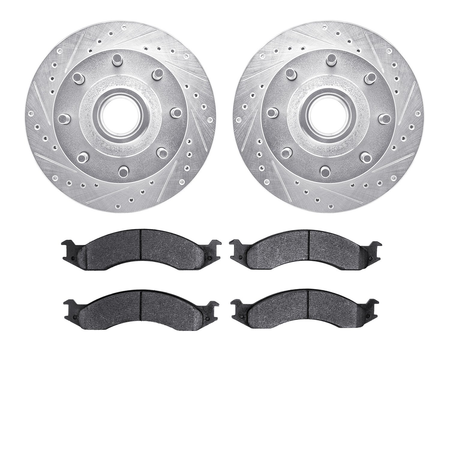 7202-99105 Drilled/Slotted Rotors w/Heavy-Duty Brake Pads Kit [Silver], 1992-1994 Ford/Lincoln/Mercury/Mazda, Position: Front