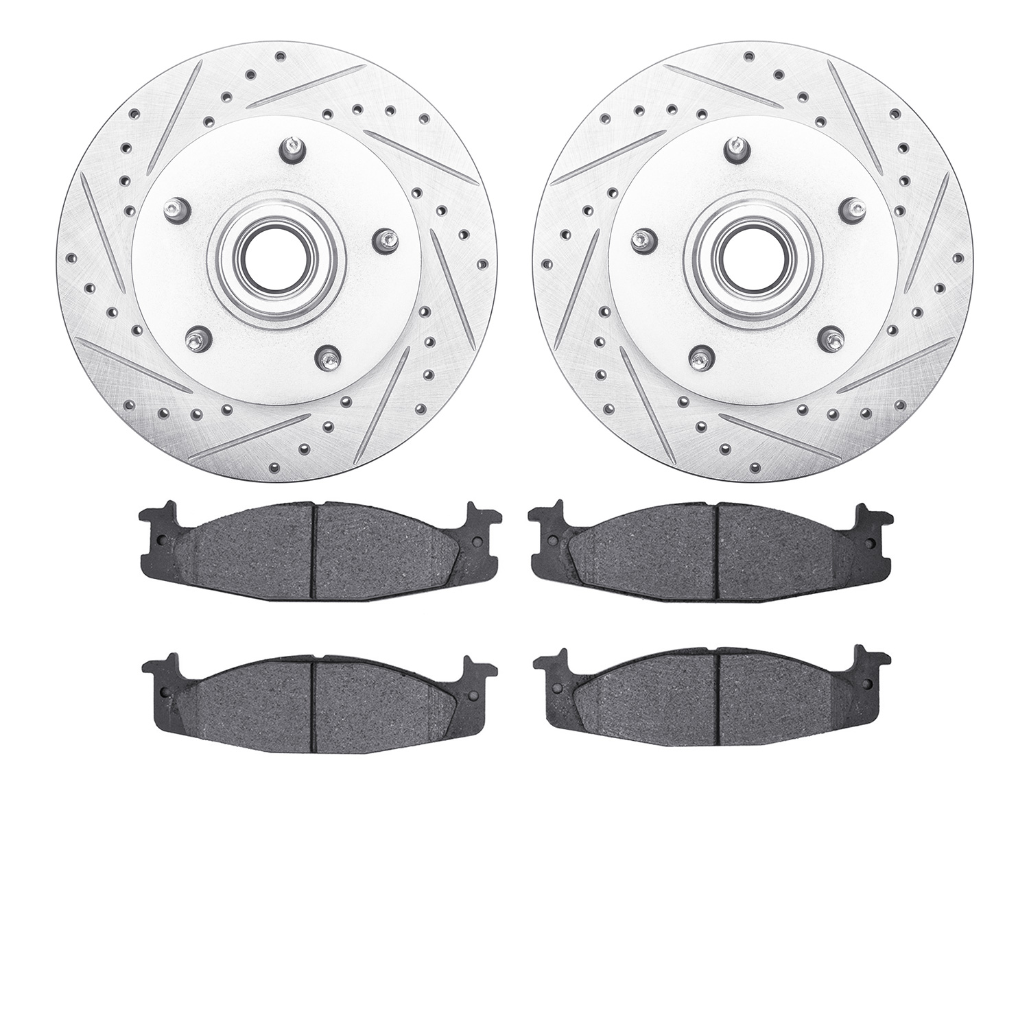 7202-99107 Drilled/Slotted Rotors w/Heavy-Duty Brake Pads Kit [Silver], 1994-2001 Ford/Lincoln/Mercury/Mazda, Position: Front