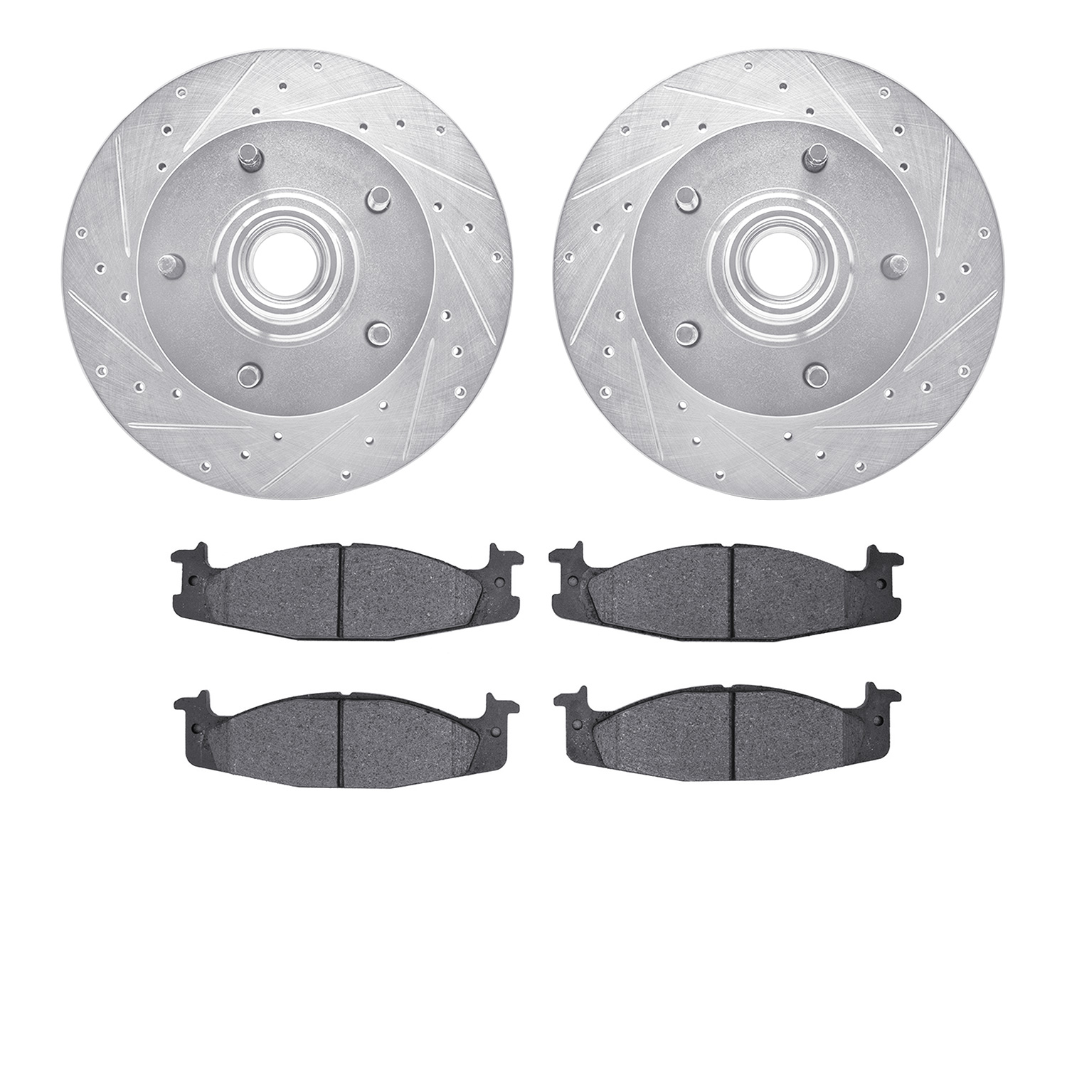 7202-99108 Drilled/Slotted Rotors w/Heavy-Duty Brake Pads Kit [Silver], 1994-2003 Ford/Lincoln/Mercury/Mazda, Position: Front