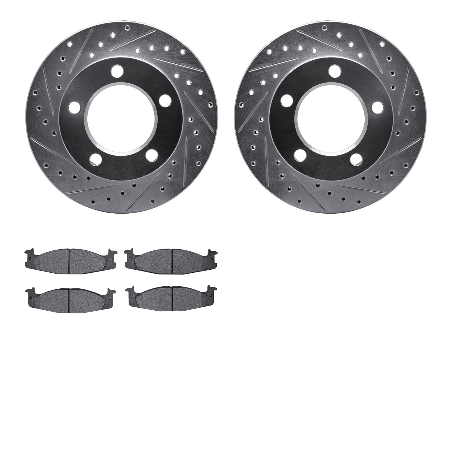7202-99109 Drilled/Slotted Rotors w/Heavy-Duty Brake Pads Kit [Silver], 1994-1996 Ford/Lincoln/Mercury/Mazda, Position: Front