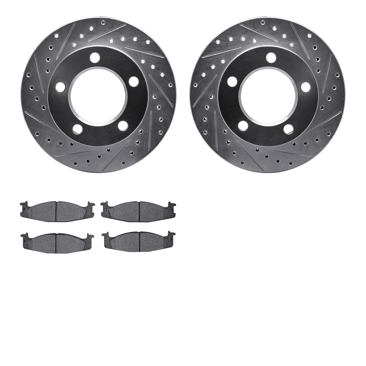 7202-99109 Drilled/Slotted Rotors w/Heavy-Duty Brake Pads Kit [Silver], 1994-1996 Ford/Lincoln/Mercury/Mazda, Position: Front