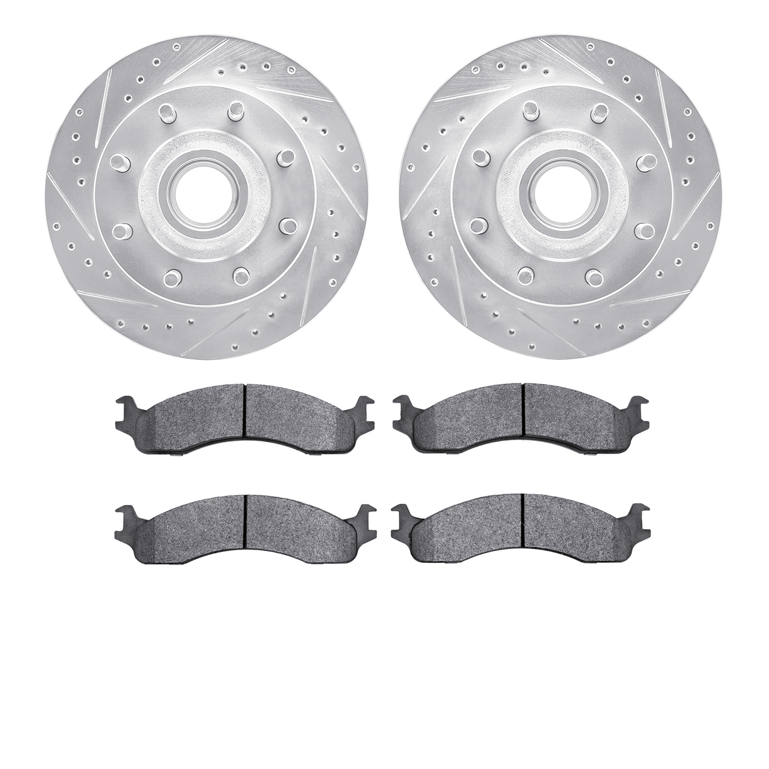 7202-99113 Drilled/Slotted Rotors w/Heavy-Duty Brake Pads Kit [Silver], 1995-2000 Ford/Lincoln/Mercury/Mazda, Position: Front