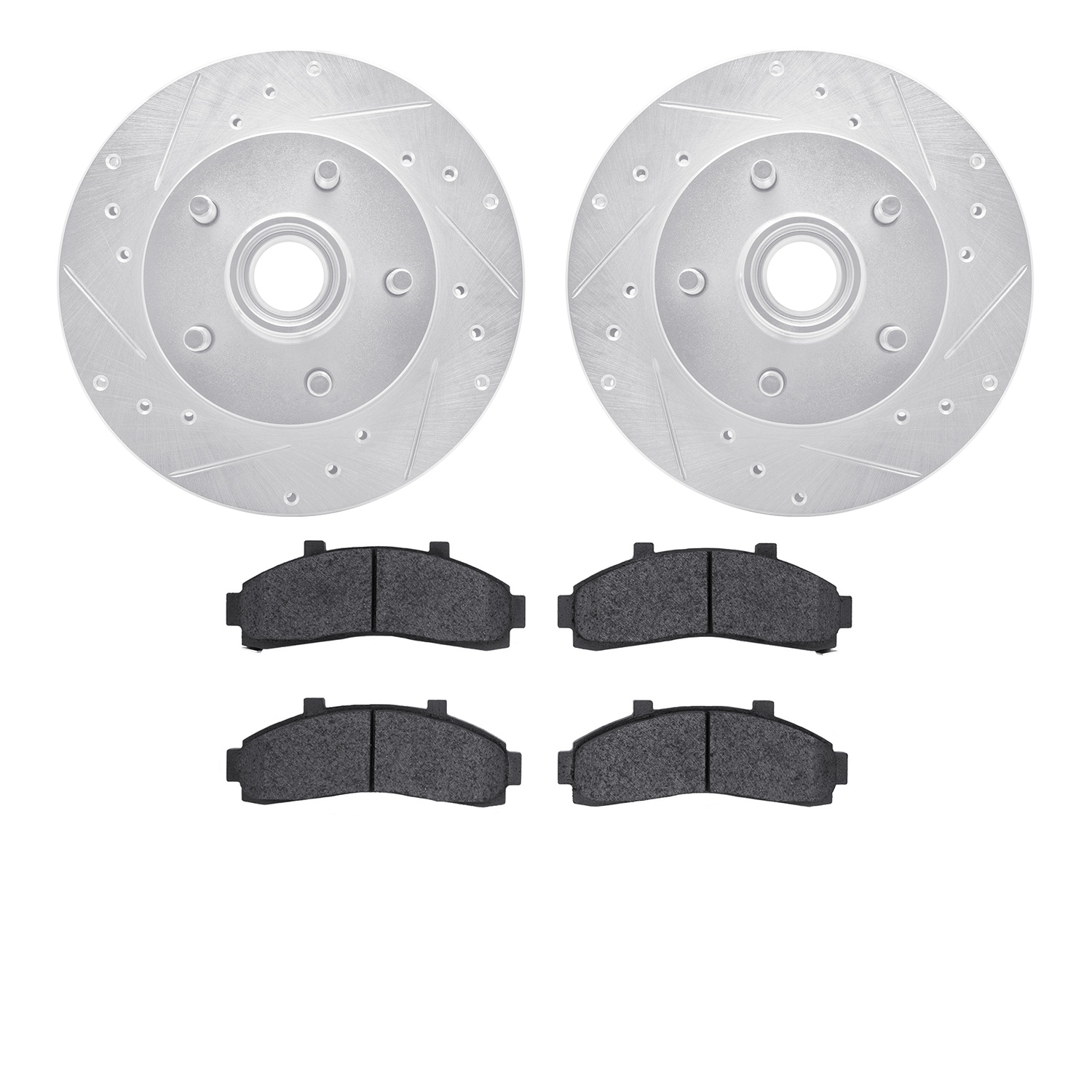 7202-99117 Drilled/Slotted Rotors w/Heavy-Duty Brake Pads Kit [Silver], 1995-1997 Ford/Lincoln/Mercury/Mazda, Position: Front