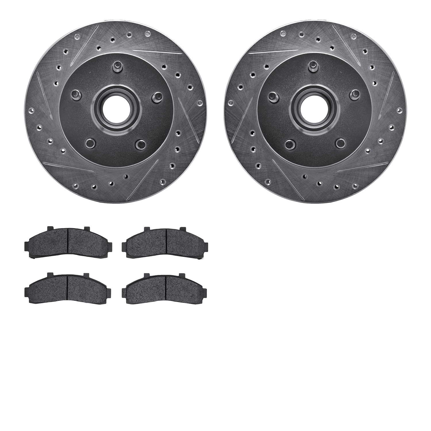 7202-99118 Drilled/Slotted Rotors w/Heavy-Duty Brake Pads Kit [Silver], 1995-1997 Ford/Lincoln/Mercury/Mazda, Position: Front