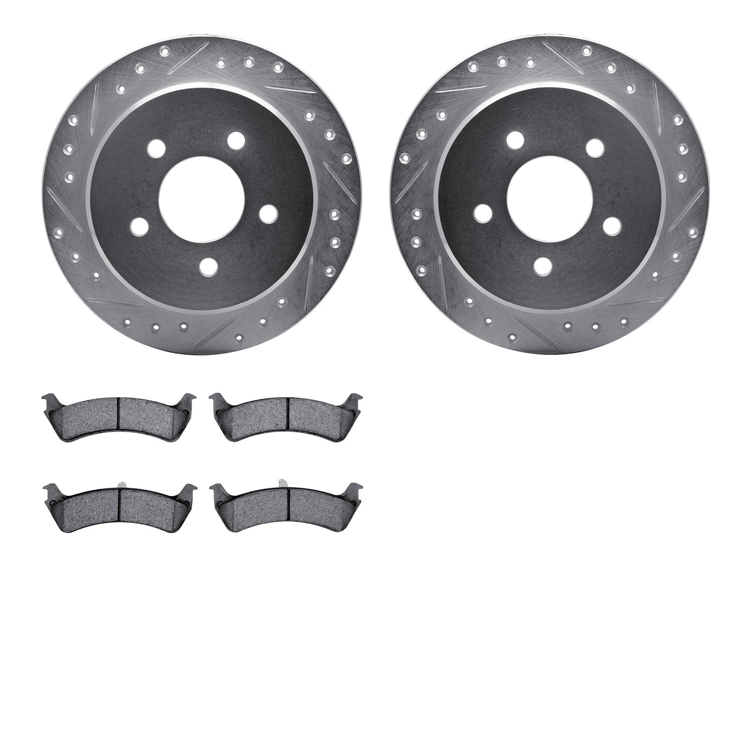 7202-99124 Drilled/Slotted Rotors w/Heavy-Duty Brake Pads Kit [Silver], 1995-2002 Ford/Lincoln/Mercury/Mazda, Position: Rear