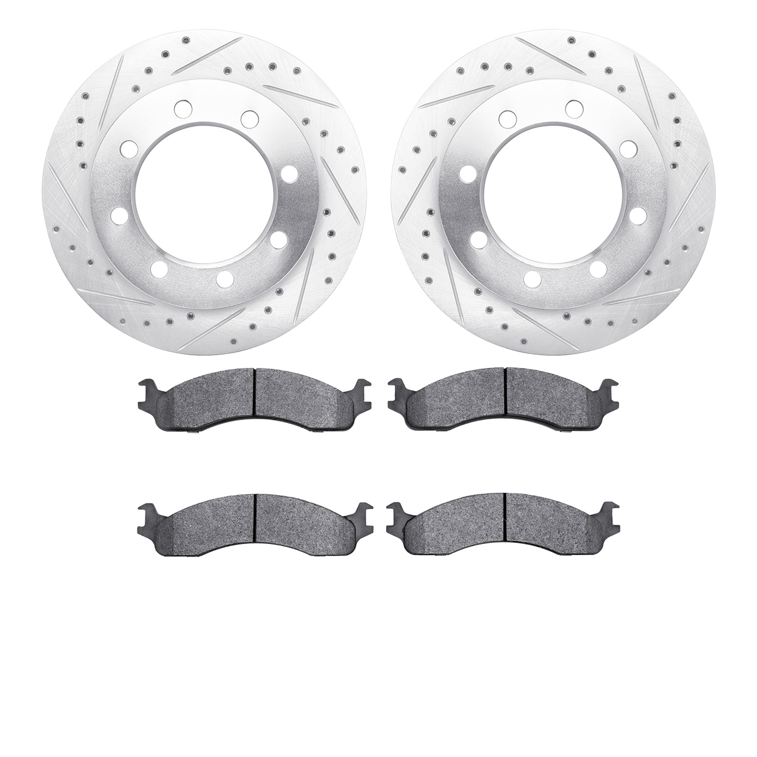 7202-99125 Drilled/Slotted Rotors w/Heavy-Duty Brake Pads Kit [Silver], 1995-1999 Ford/Lincoln/Mercury/Mazda, Position: Front