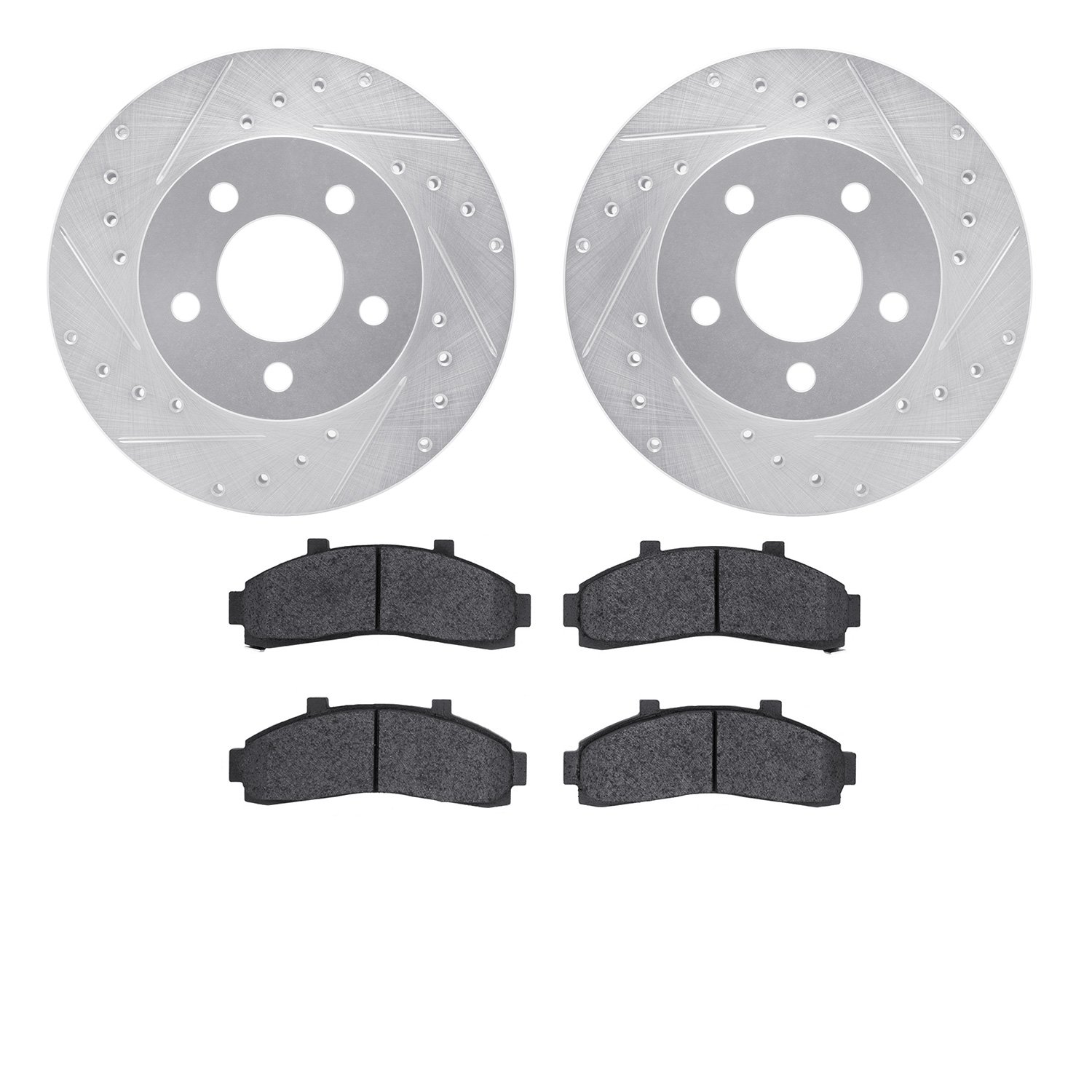 7202-99126 Drilled/Slotted Rotors w/Heavy-Duty Brake Pads Kit [Silver], 1995-2002 Ford/Lincoln/Mercury/Mazda, Position: Front