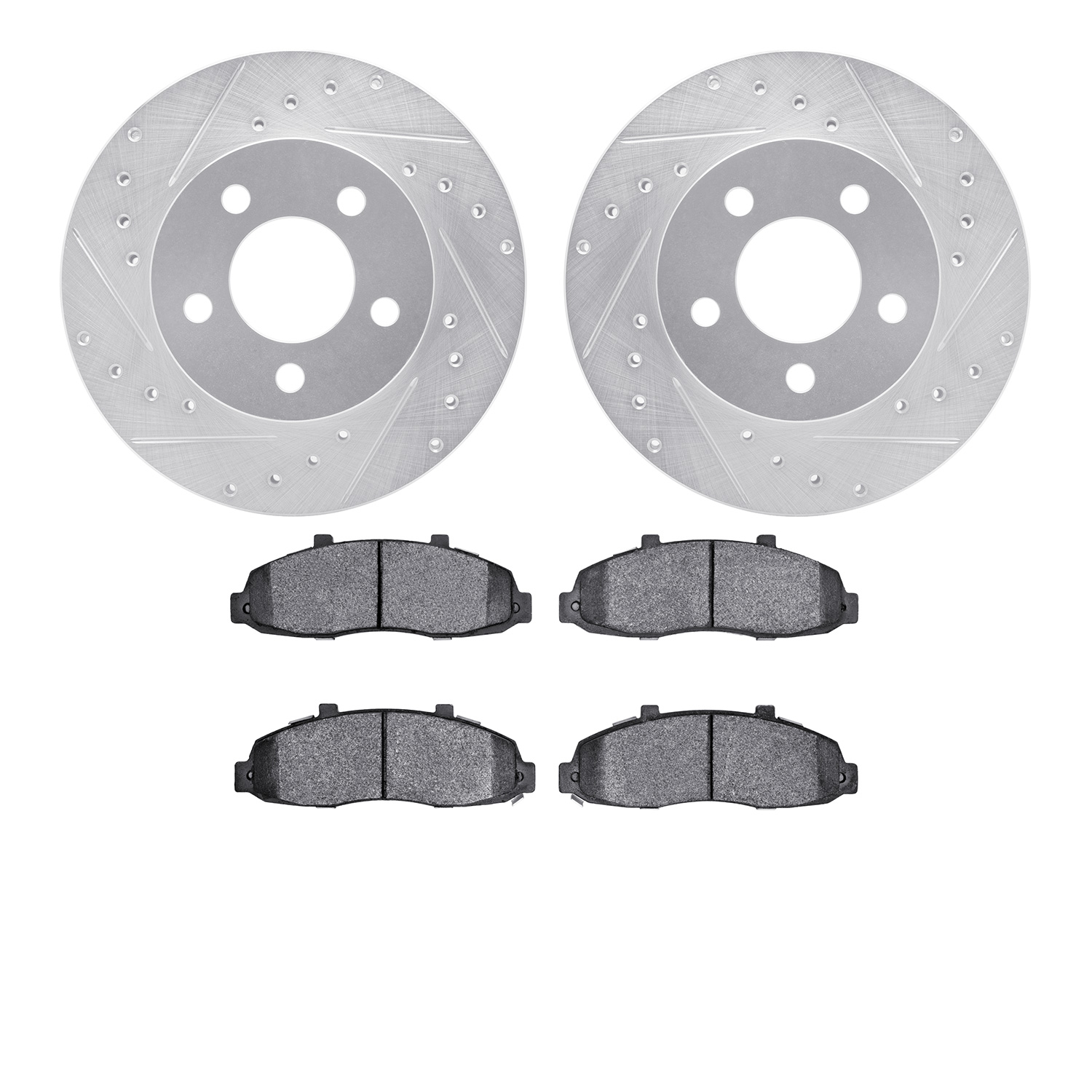 7202-99127 Drilled/Slotted Rotors w/Heavy-Duty Brake Pads Kit [Silver], 1997-1999 Ford/Lincoln/Mercury/Mazda, Position: Front