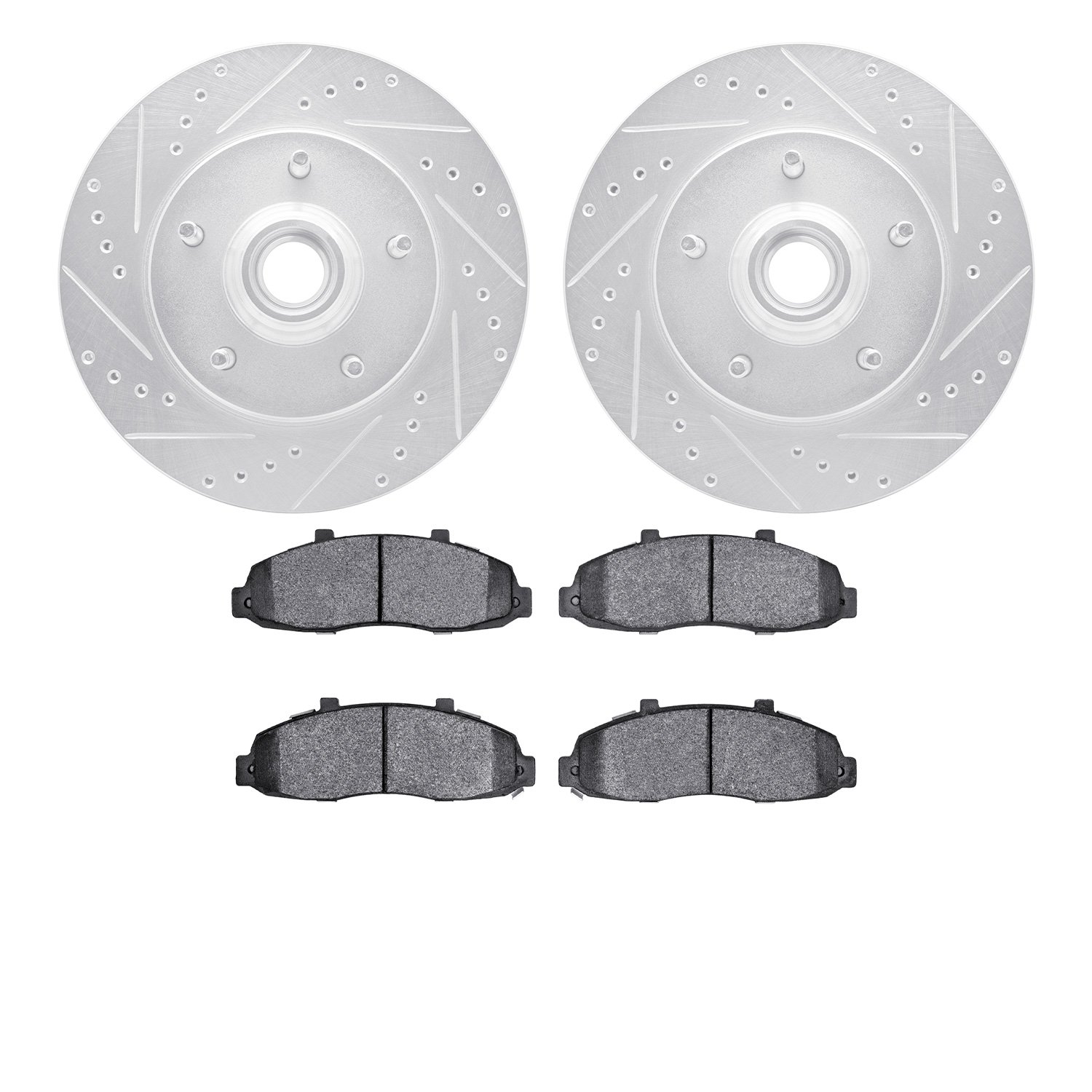 7202-99129 Drilled/Slotted Rotors w/Heavy-Duty Brake Pads Kit [Silver], 1997-1999 Ford/Lincoln/Mercury/Mazda, Position: Front