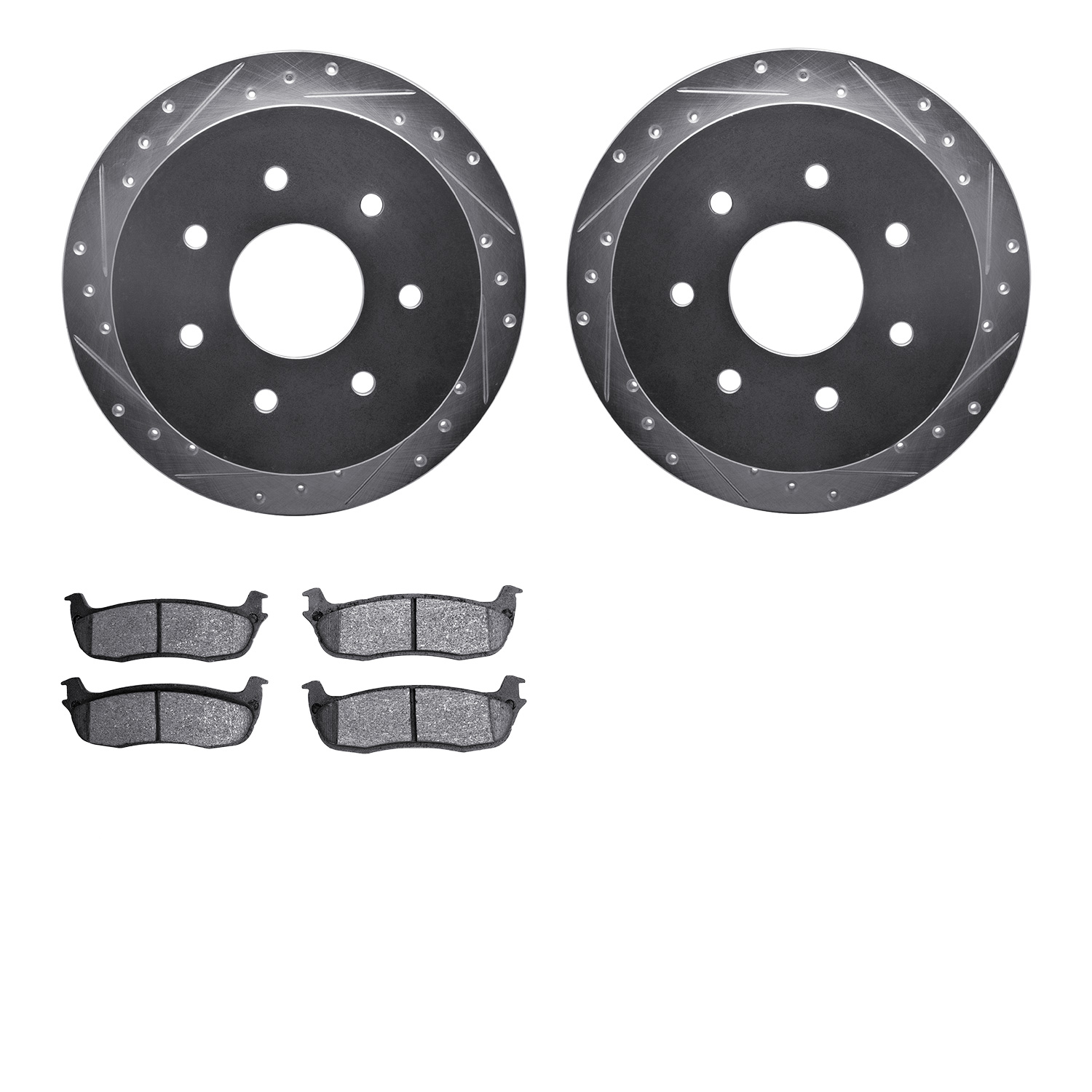 7202-99134 Drilled/Slotted Rotors w/Heavy-Duty Brake Pads Kit [Silver], 1997-2004 Ford/Lincoln/Mercury/Mazda, Position: Rear