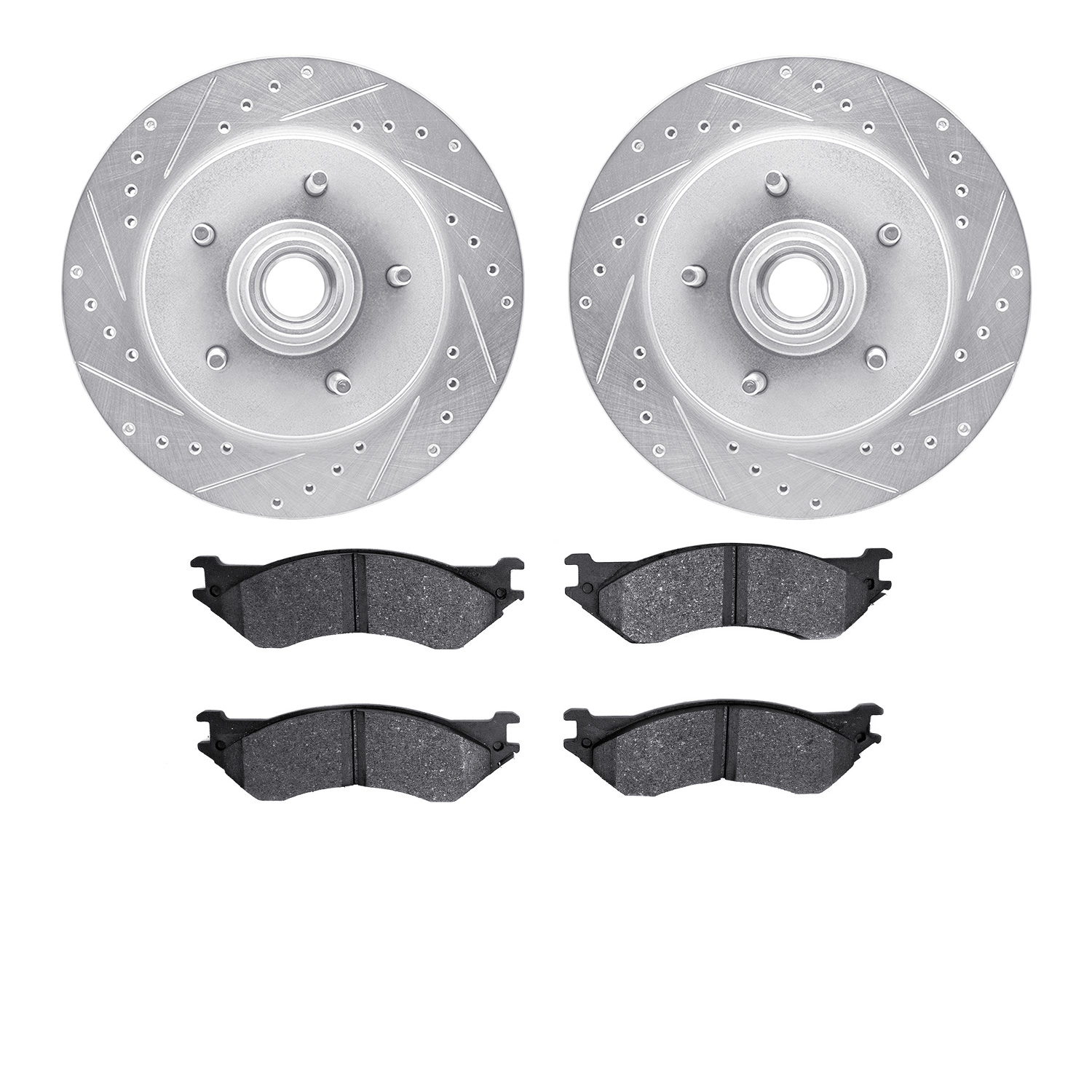 7202-99136 Drilled/Slotted Rotors w/Heavy-Duty Brake Pads Kit [Silver], 1997-2000 Ford/Lincoln/Mercury/Mazda, Position: Front