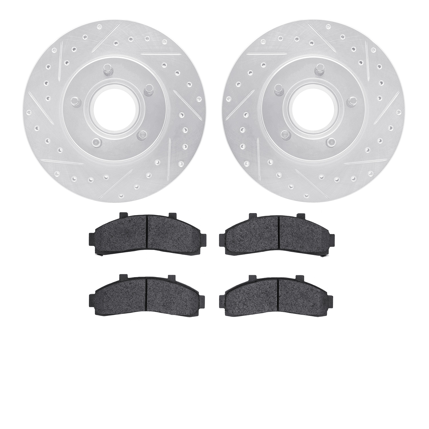 7202-99139 Drilled/Slotted Rotors w/Heavy-Duty Brake Pads Kit [Silver], 1995-1997 Ford/Lincoln/Mercury/Mazda, Position: Front