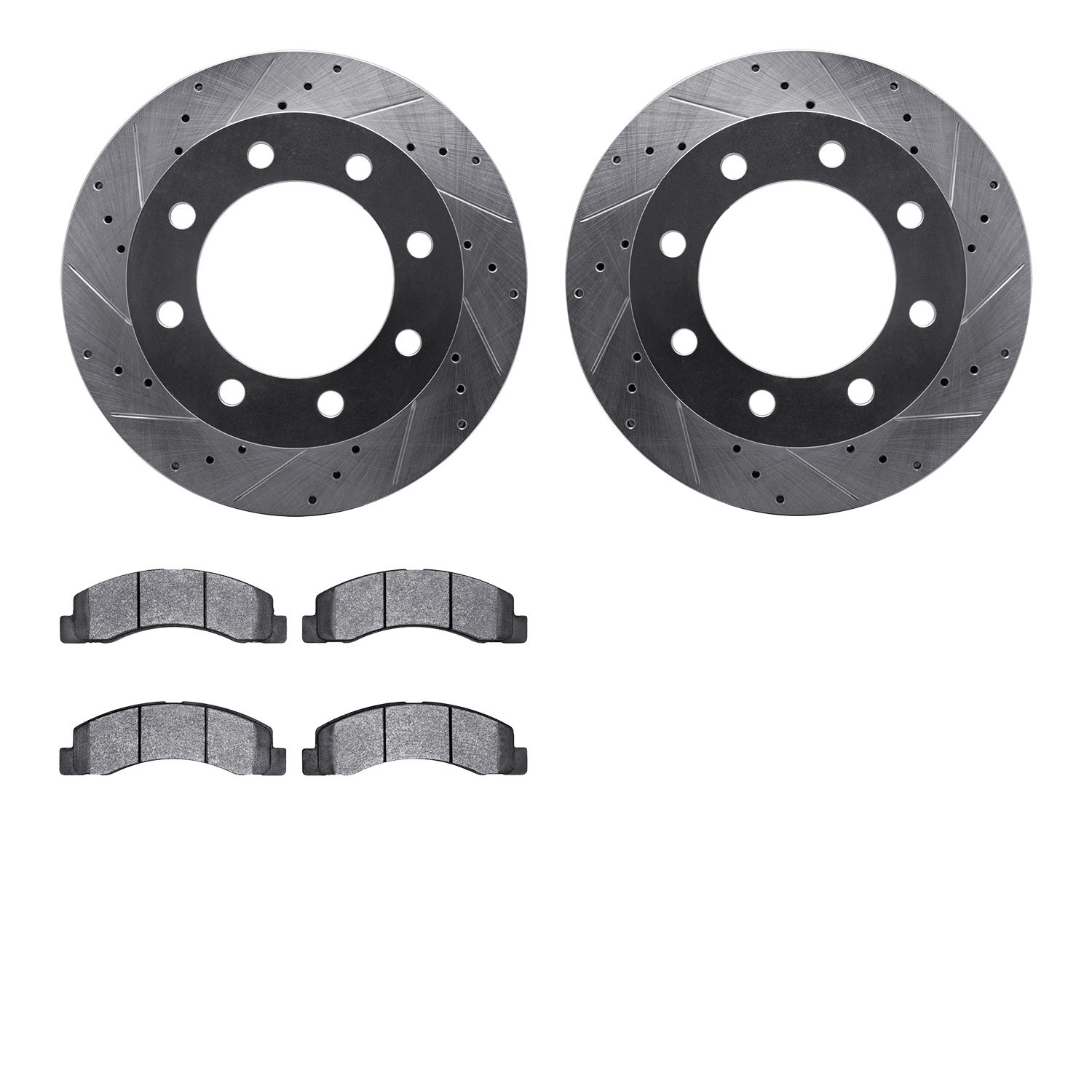 7202-99140 Drilled/Slotted Rotors w/Heavy-Duty Brake Pads Kit [Silver], 1999-1999 Ford/Lincoln/Mercury/Mazda, Position: Front