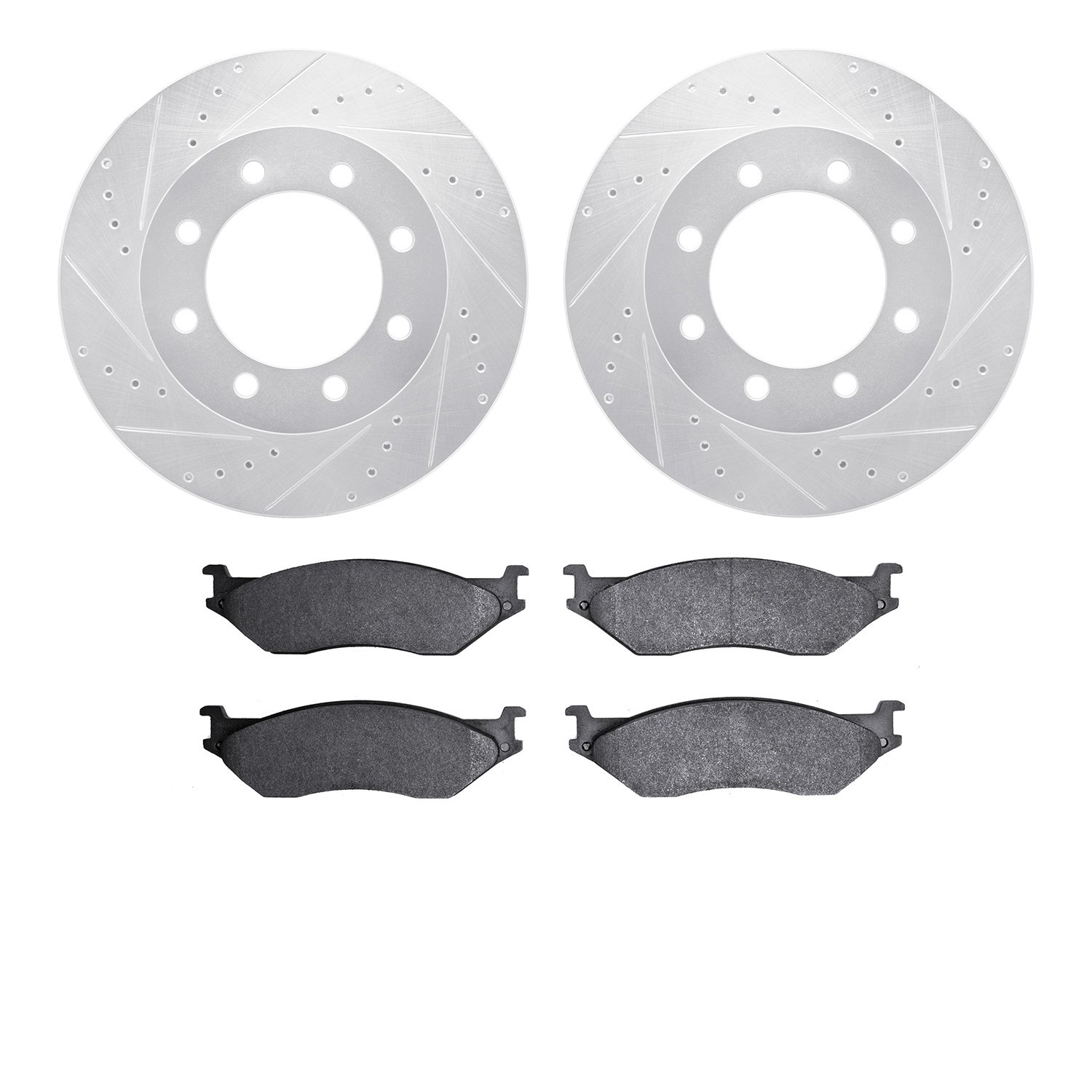 7202-99141 Drilled/Slotted Rotors w/Heavy-Duty Brake Pads Kit [Silver], 1999-2001 Ford/Lincoln/Mercury/Mazda, Position: Front
