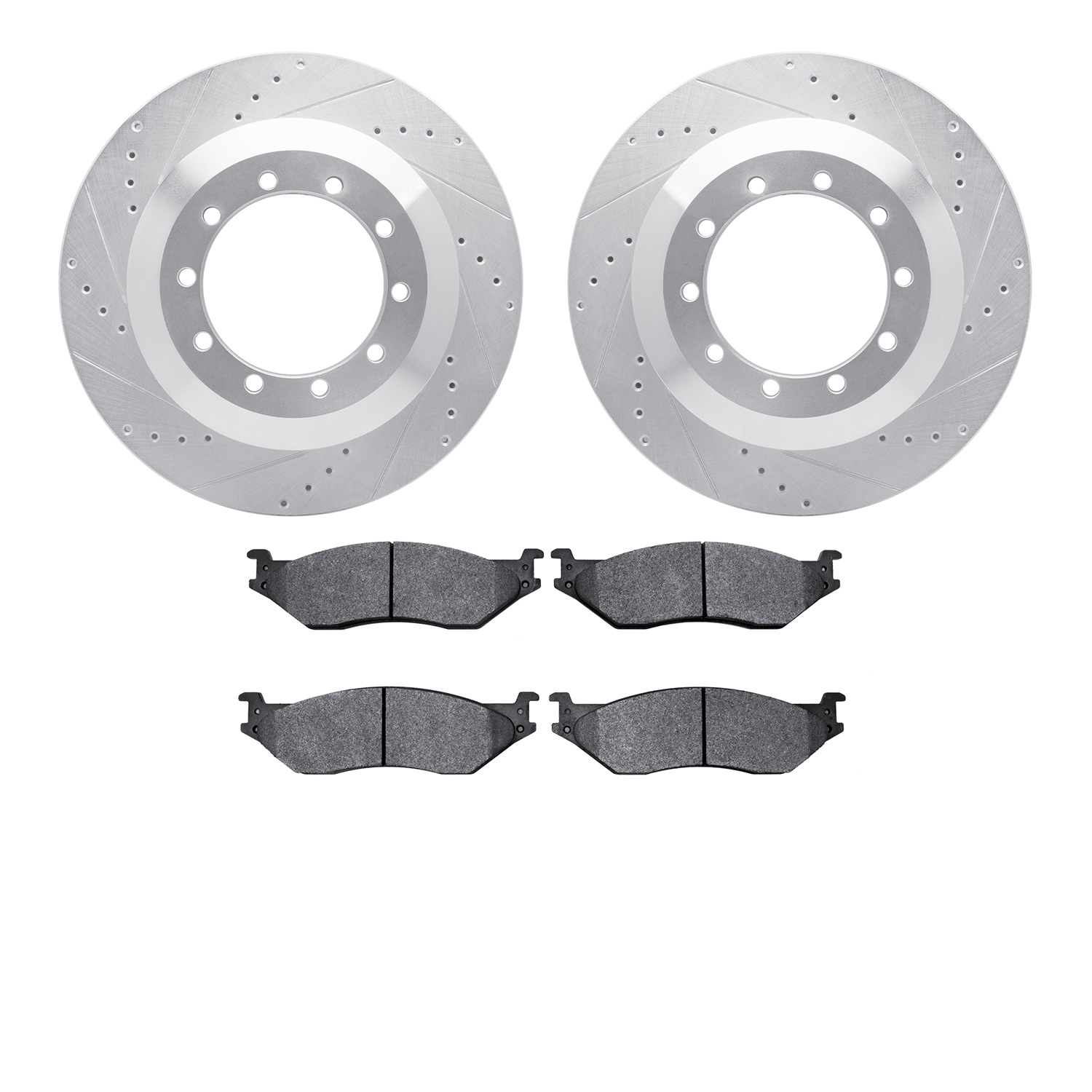 7202-99143 Drilled/Slotted Rotors w/Heavy-Duty Brake Pads Kit [Silver], 2006-2019 Ford/Lincoln/Mercury/Mazda, Position: Front, R