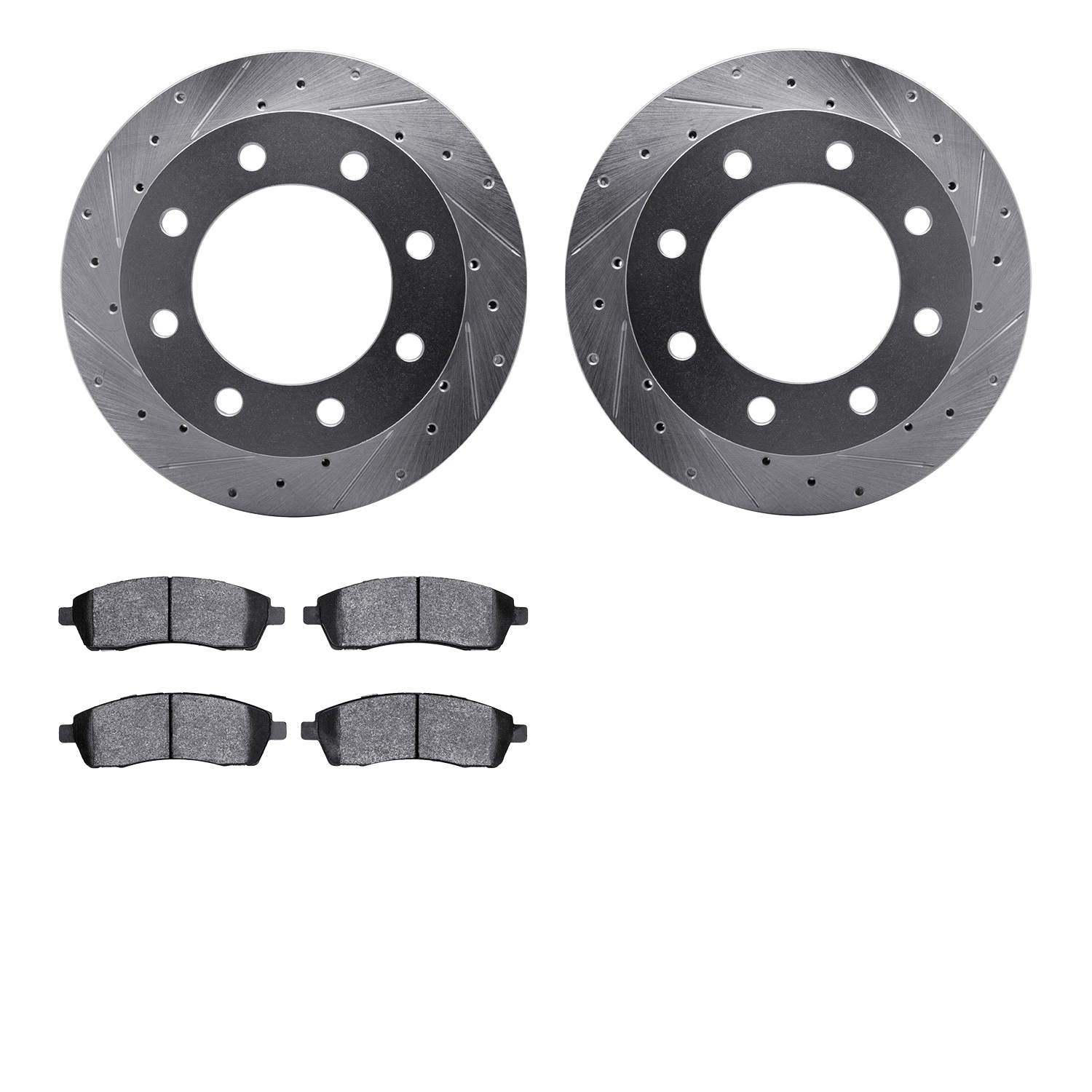 7202-99147 Drilled/Slotted Rotors w/Heavy-Duty Brake Pads Kit [Silver], 1999-2005 Ford/Lincoln/Mercury/Mazda, Position: Rear