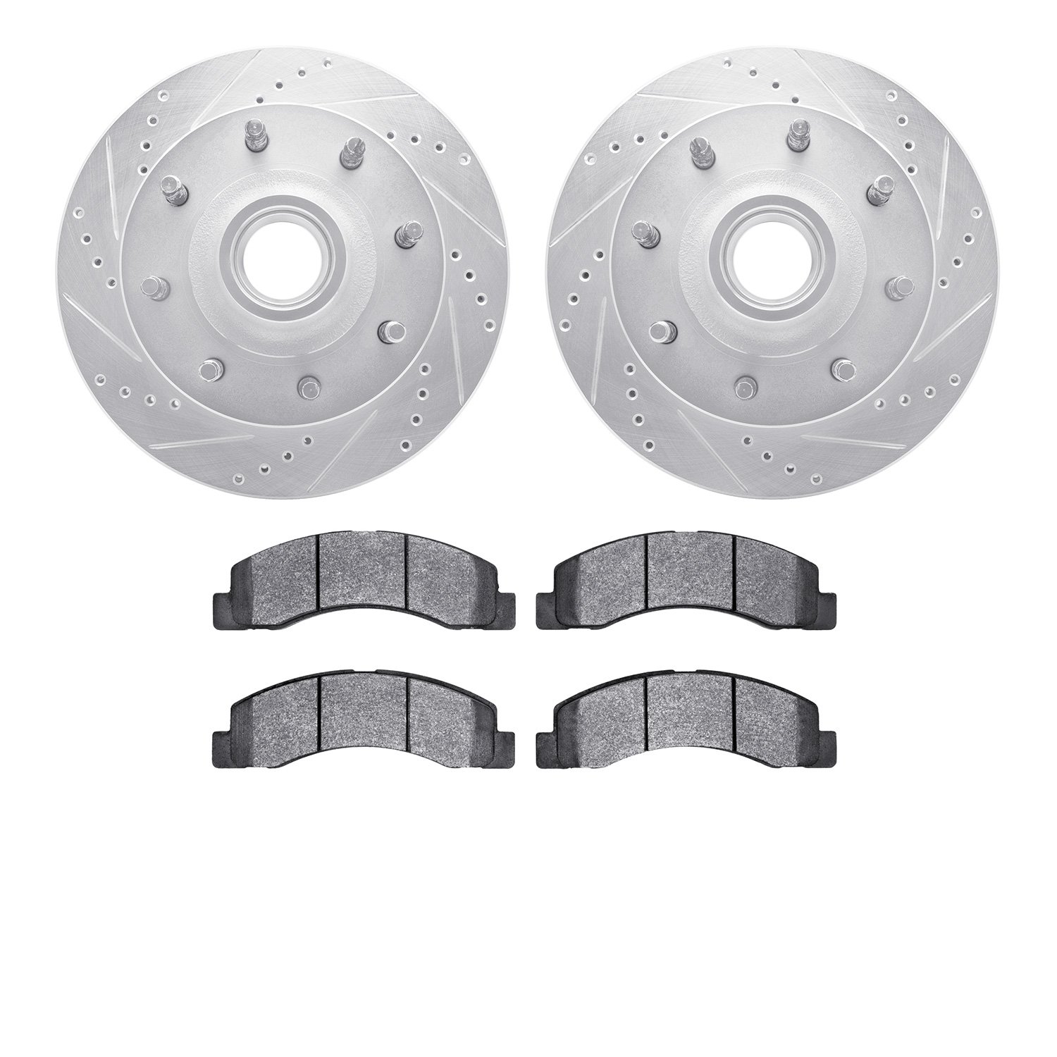 7202-99148 Drilled/Slotted Rotors w/Heavy-Duty Brake Pads Kit [Silver], 1999-2002 Ford/Lincoln/Mercury/Mazda, Position: Front