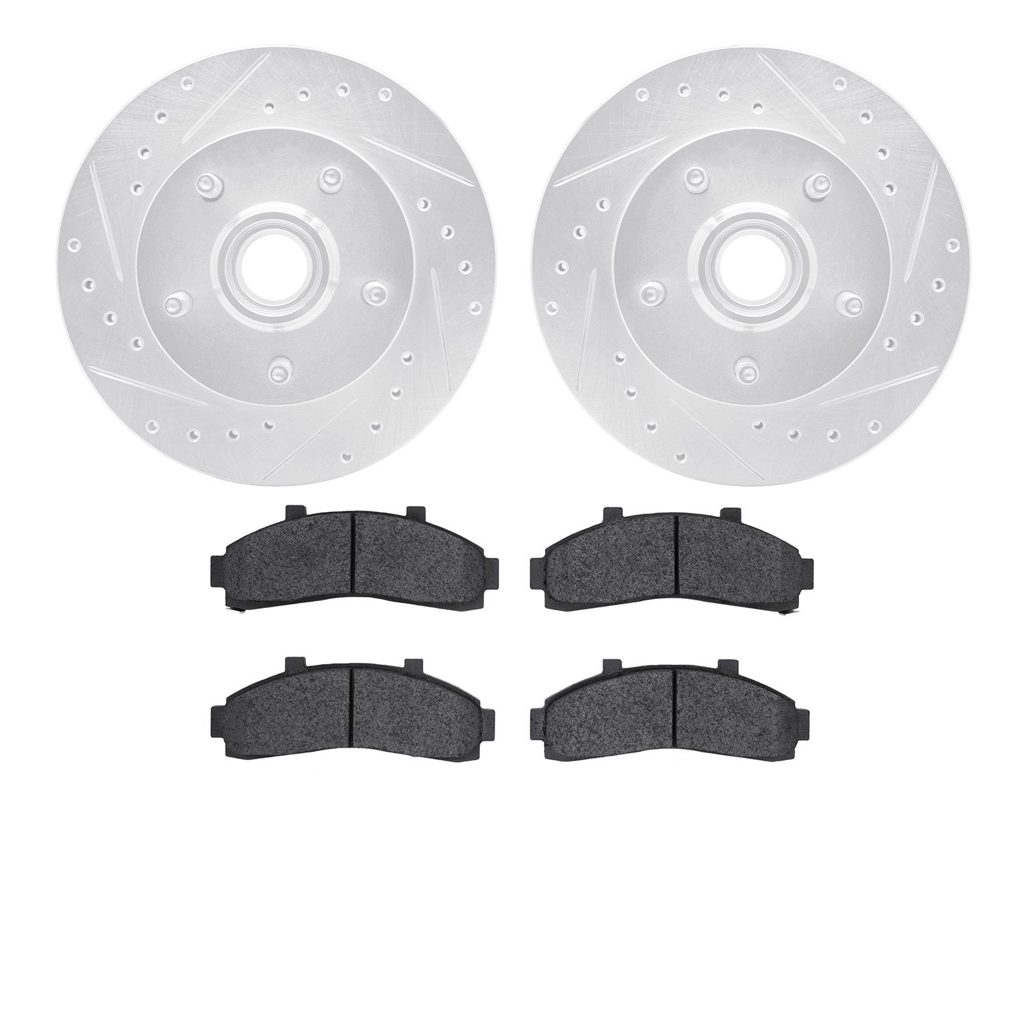 7202-99151 Drilled/Slotted Rotors w/Heavy-Duty Brake Pads Kit [Silver], 1998-2002 Ford/Lincoln/Mercury/Mazda, Position: Front