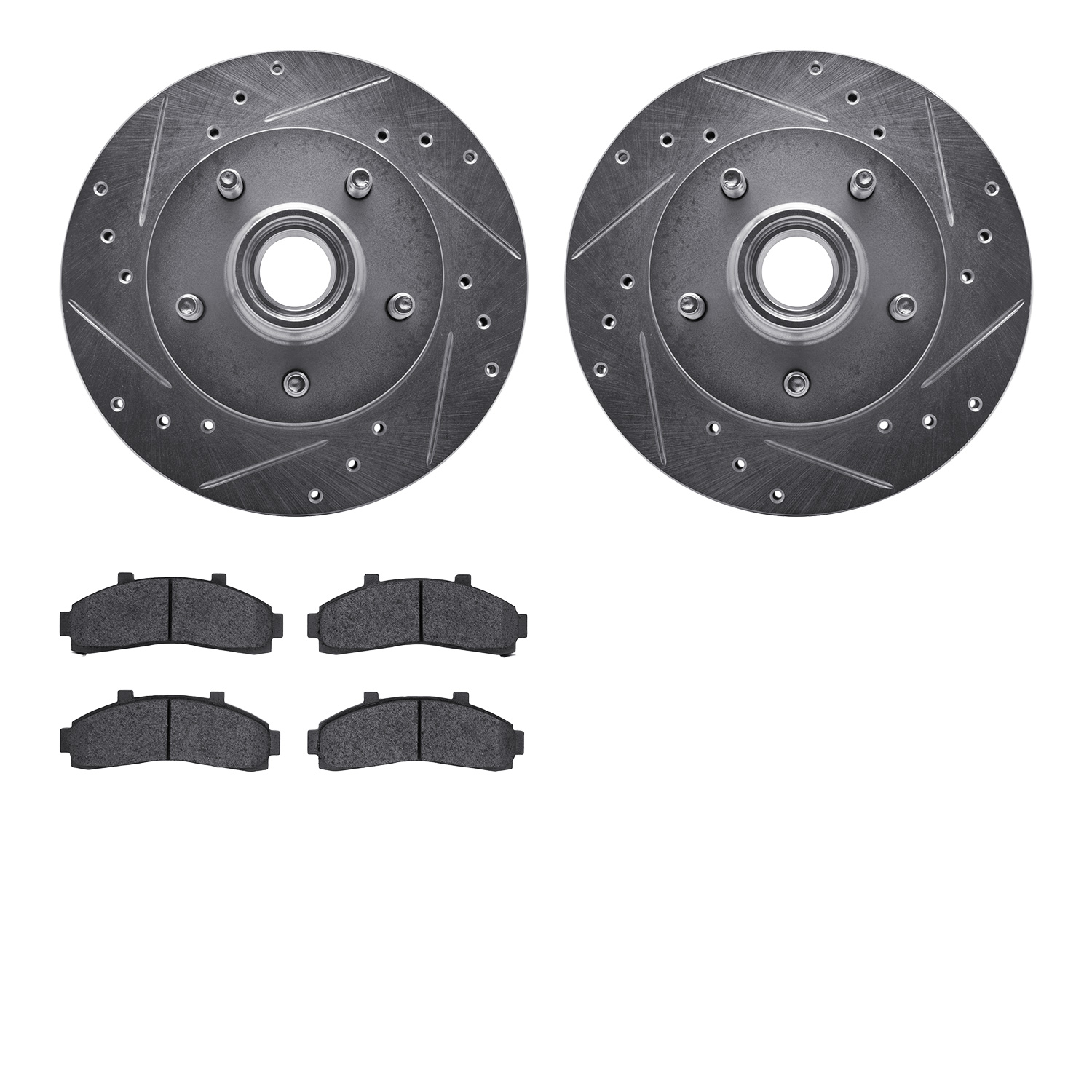 7202-99152 Drilled/Slotted Rotors w/Heavy-Duty Brake Pads Kit [Silver], 1998-2002 Ford/Lincoln/Mercury/Mazda, Position: Front