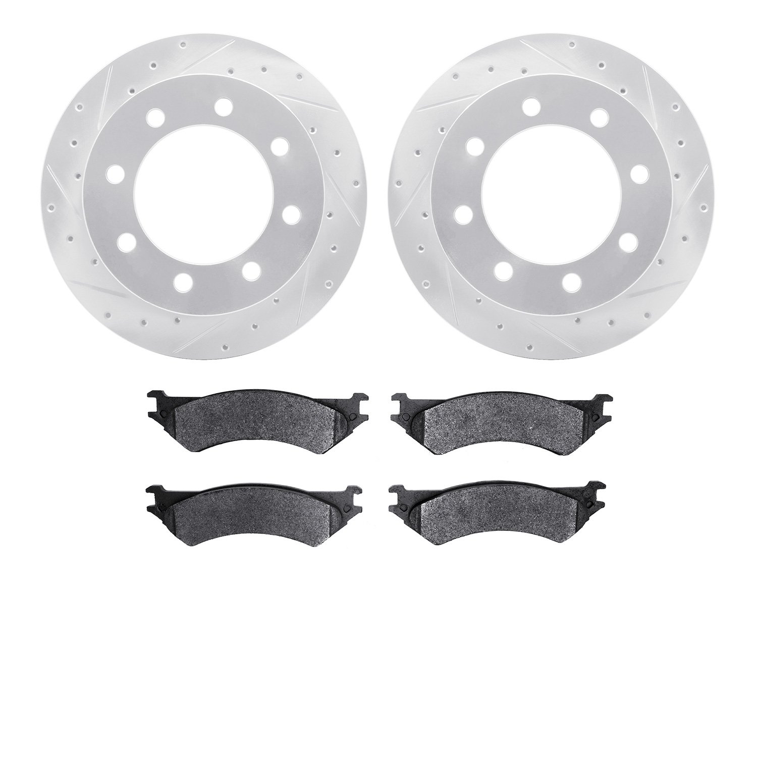 7202-99153 Drilled/Slotted Rotors w/Heavy-Duty Brake Pads Kit [Silver], 1999-2007 Ford/Lincoln/Mercury/Mazda, Position: Rear