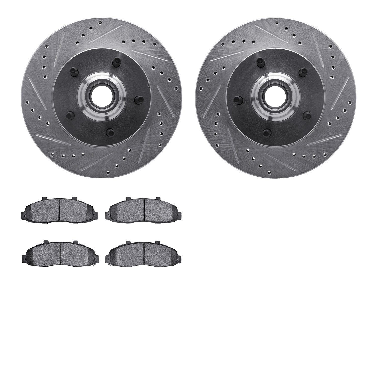 7202-99155 Drilled/Slotted Rotors w/Heavy-Duty Brake Pads Kit [Silver], 2000-2004 Ford/Lincoln/Mercury/Mazda, Position: Front