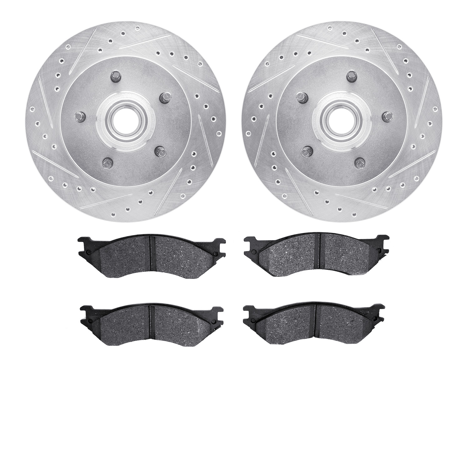 7202-99157 Drilled/Slotted Rotors w/Heavy-Duty Brake Pads Kit [Silver], 1999-2004 Ford/Lincoln/Mercury/Mazda, Position: Front