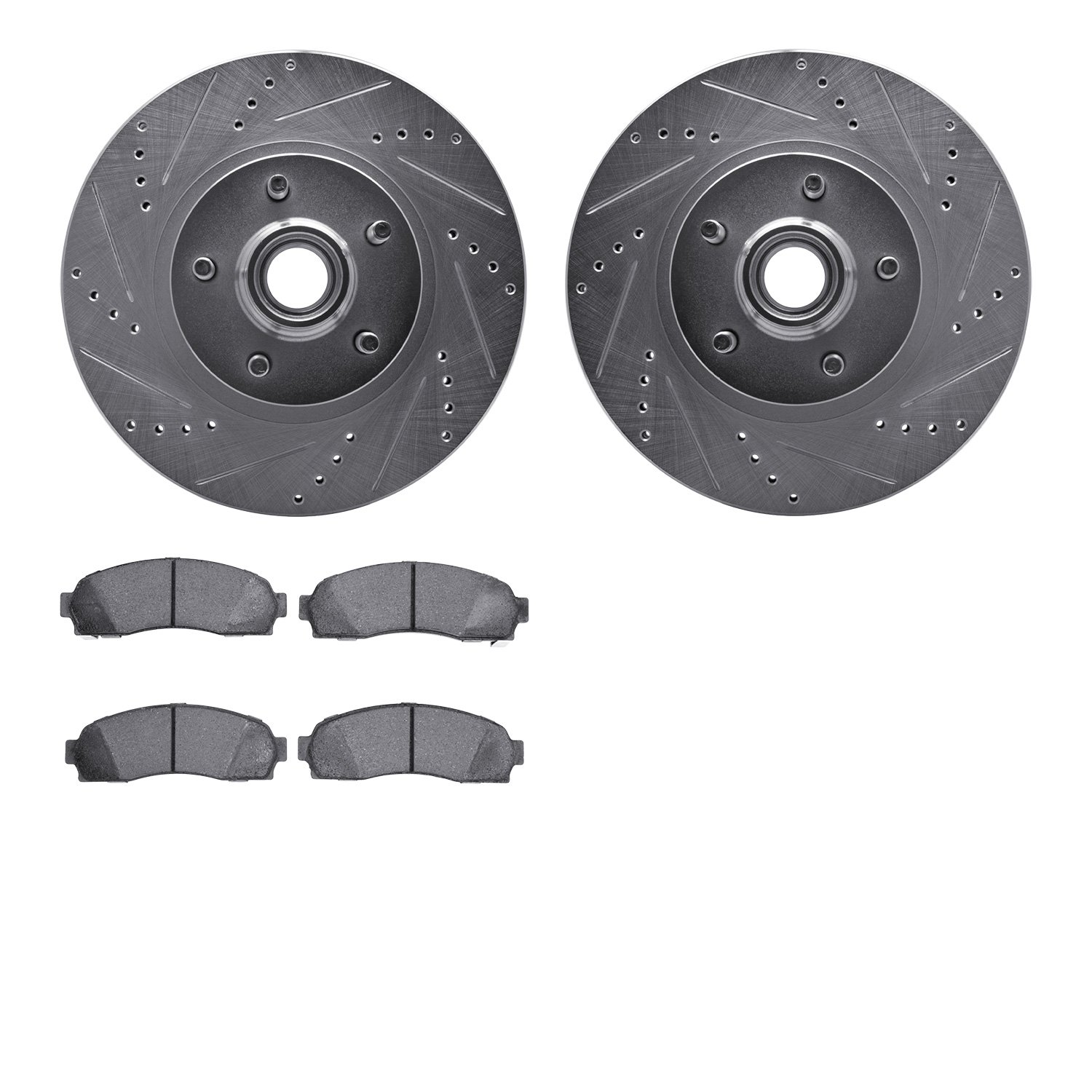7202-99160 Drilled/Slotted Rotors w/Heavy-Duty Brake Pads Kit [Silver], 2001-2005 Ford/Lincoln/Mercury/Mazda, Position: Front