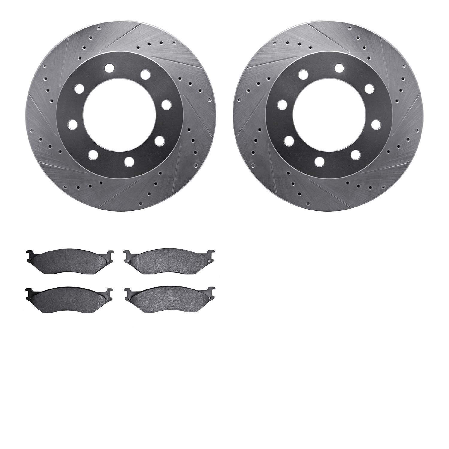 7202-99164 Drilled/Slotted Rotors w/Heavy-Duty Brake Pads Kit [Silver], 1999-2005 Ford/Lincoln/Mercury/Mazda, Position: Front