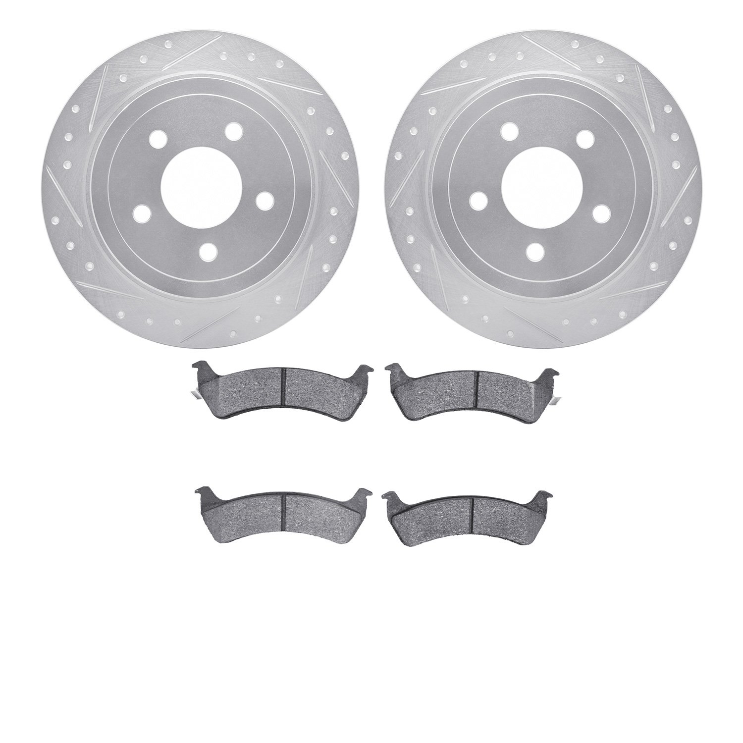 7202-99175 Drilled/Slotted Rotors w/Heavy-Duty Brake Pads Kit [Silver], 2003-2005 Ford/Lincoln/Mercury/Mazda, Position: Rear