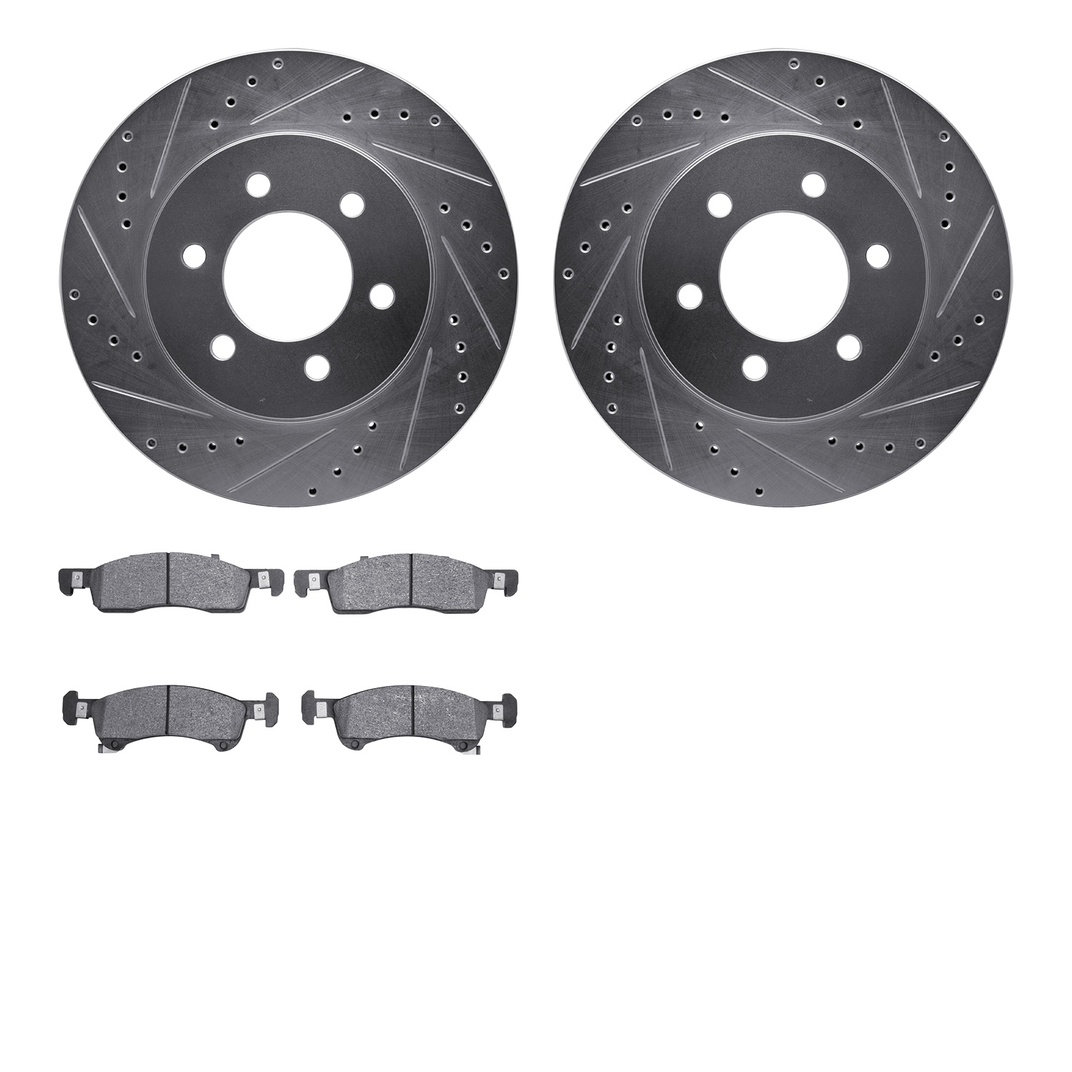 7202-99176 Drilled/Slotted Rotors w/Heavy-Duty Brake Pads Kit [Silver], 2002-2006 Ford/Lincoln/Mercury/Mazda, Position: Front
