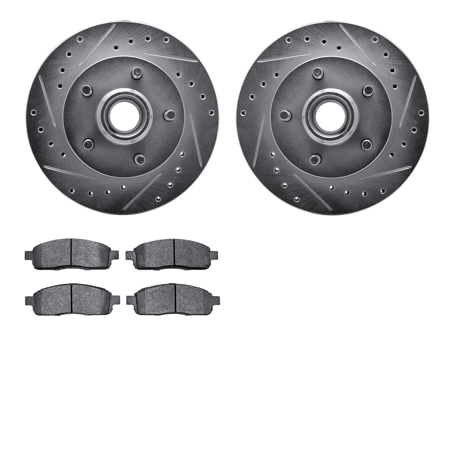 7202-99178 Drilled/Slotted Rotors w/Heavy-Duty Brake Pads Kit [Silver], 2004-2008 Ford/Lincoln/Mercury/Mazda, Position: Front