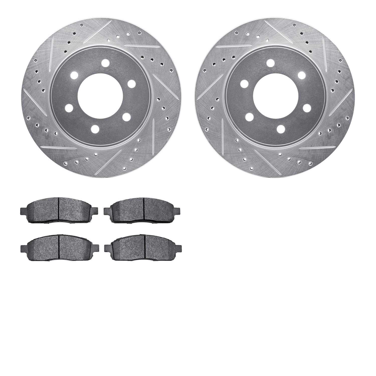 7202-99179 Drilled/Slotted Rotors w/Heavy-Duty Brake Pads Kit [Silver], 2004-2008 Ford/Lincoln/Mercury/Mazda, Position: Front