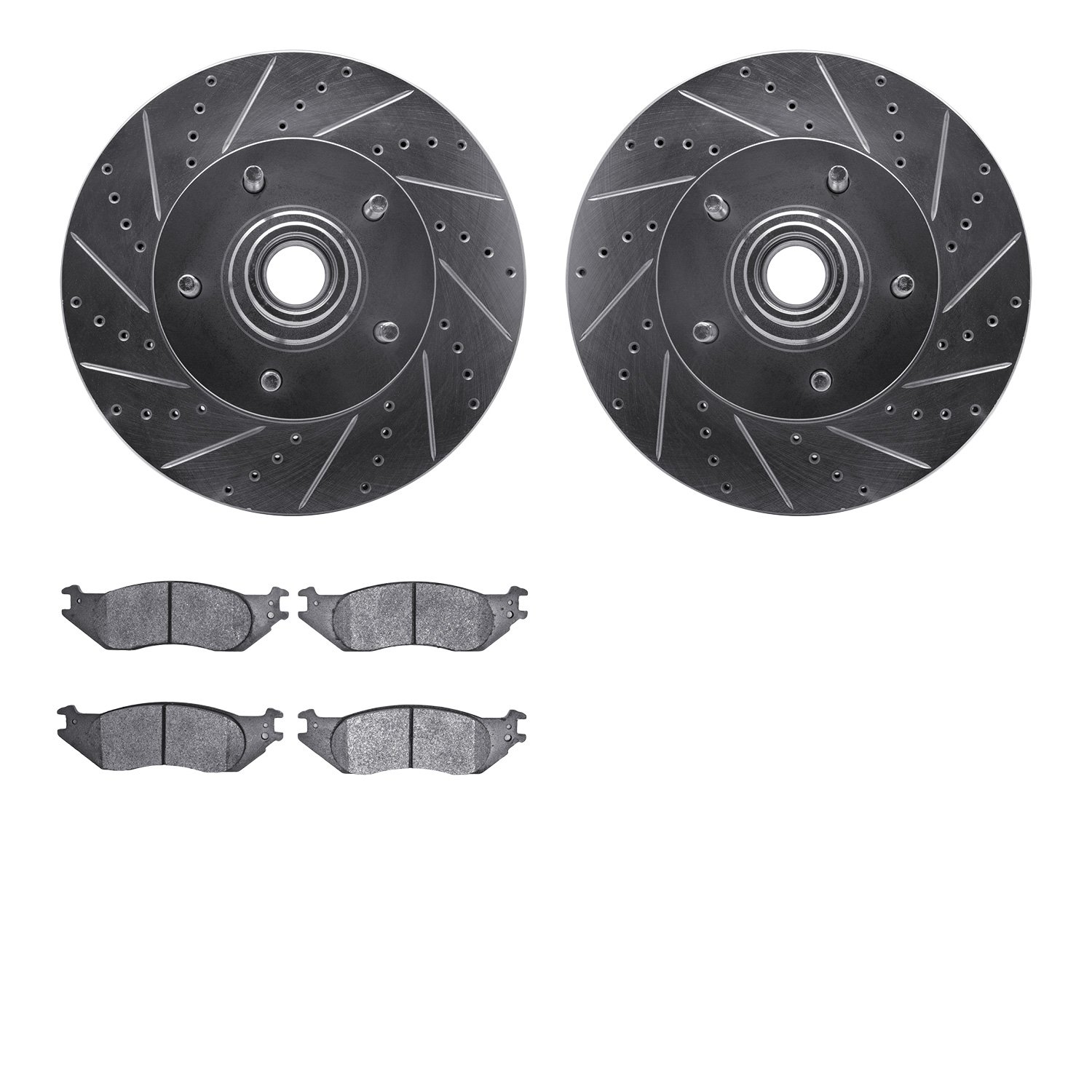 7202-99186 Drilled/Slotted Rotors w/Heavy-Duty Brake Pads Kit [Silver], 2004-2006 Ford/Lincoln/Mercury/Mazda, Position: Front