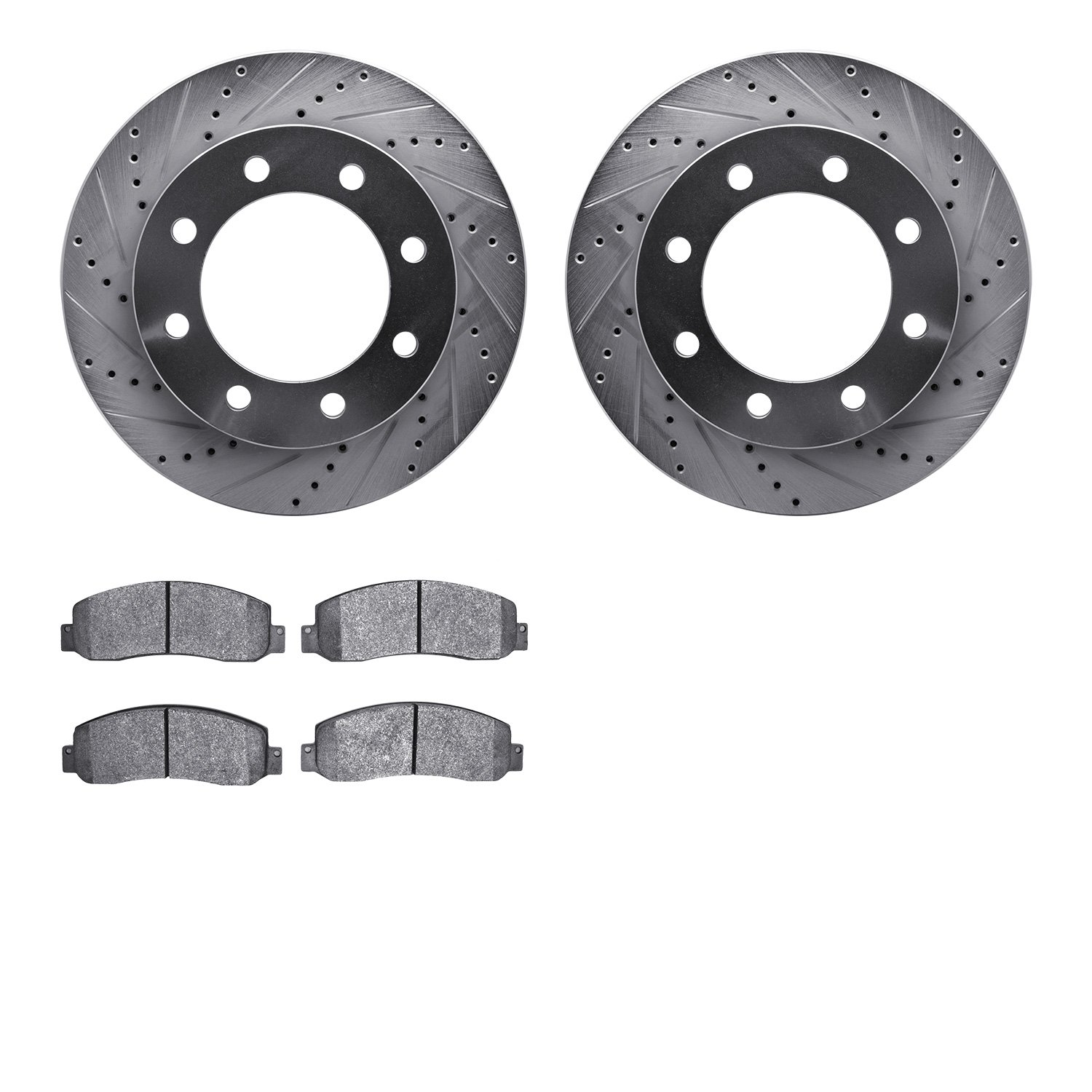 7202-99194 Drilled/Slotted Rotors w/Heavy-Duty Brake Pads Kit [Silver], 2005-2012 Ford/Lincoln/Mercury/Mazda, Position: Front