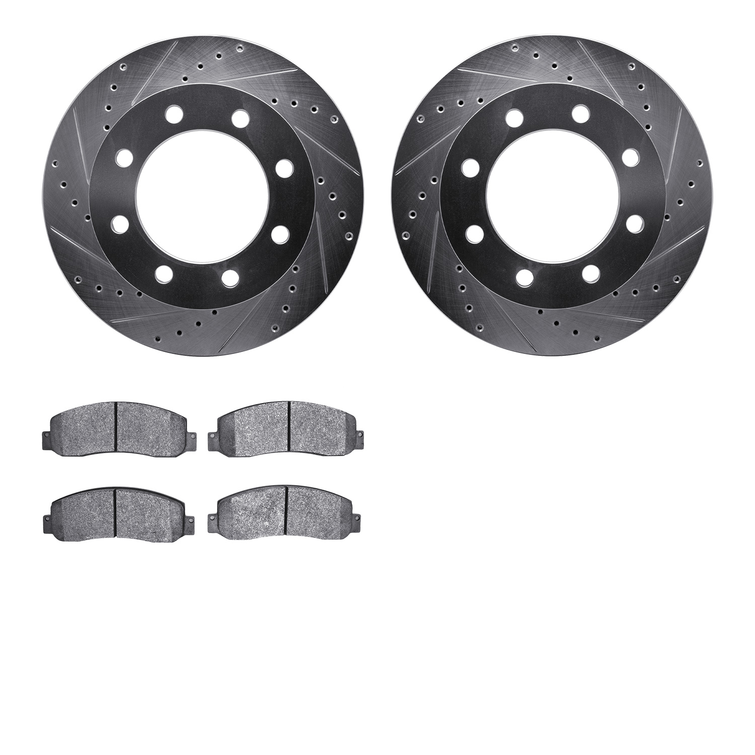 7202-99196 Drilled/Slotted Rotors w/Heavy-Duty Brake Pads Kit [Silver], 2005-2011 Ford/Lincoln/Mercury/Mazda, Position: Front