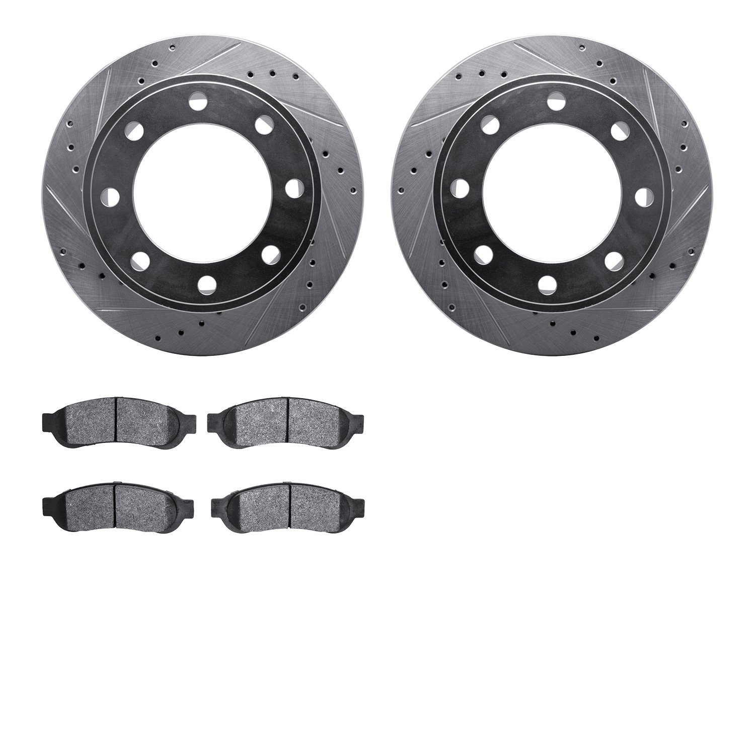 7202-99198 Drilled/Slotted Rotors w/Heavy-Duty Brake Pads Kit [Silver], 2006-2010 Ford/Lincoln/Mercury/Mazda, Position: Rear