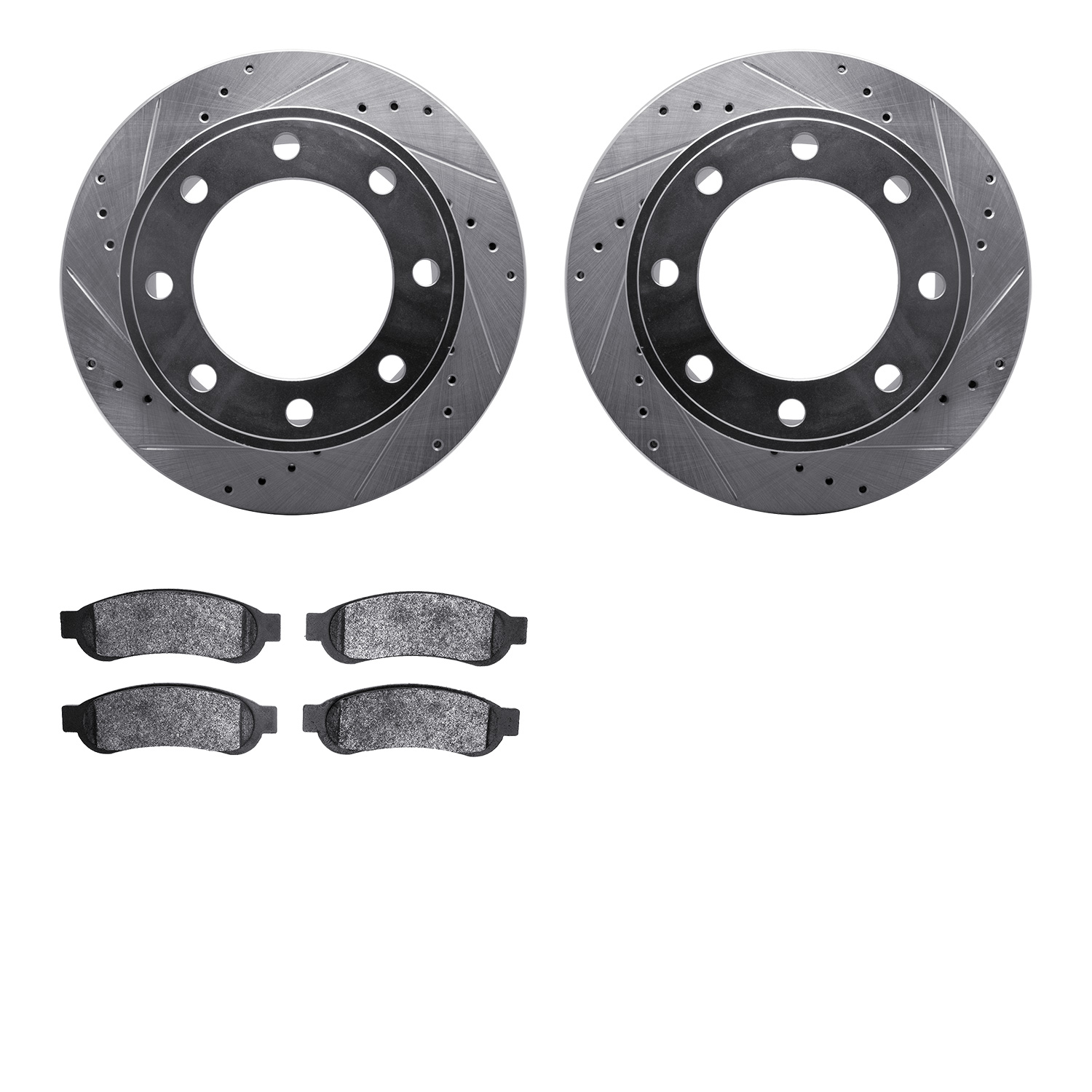 7202-99200 Drilled/Slotted Rotors w/Heavy-Duty Brake Pads Kit [Silver], 2010-2012 Ford/Lincoln/Mercury/Mazda, Position: Rear