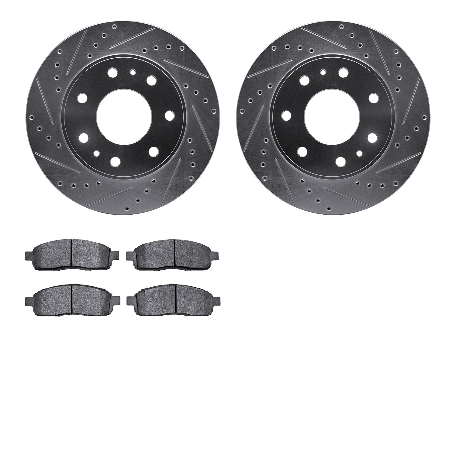 7202-99221 Drilled/Slotted Rotors w/Heavy-Duty Brake Pads Kit [Silver], 2009-2009 Ford/Lincoln/Mercury/Mazda, Position: Front