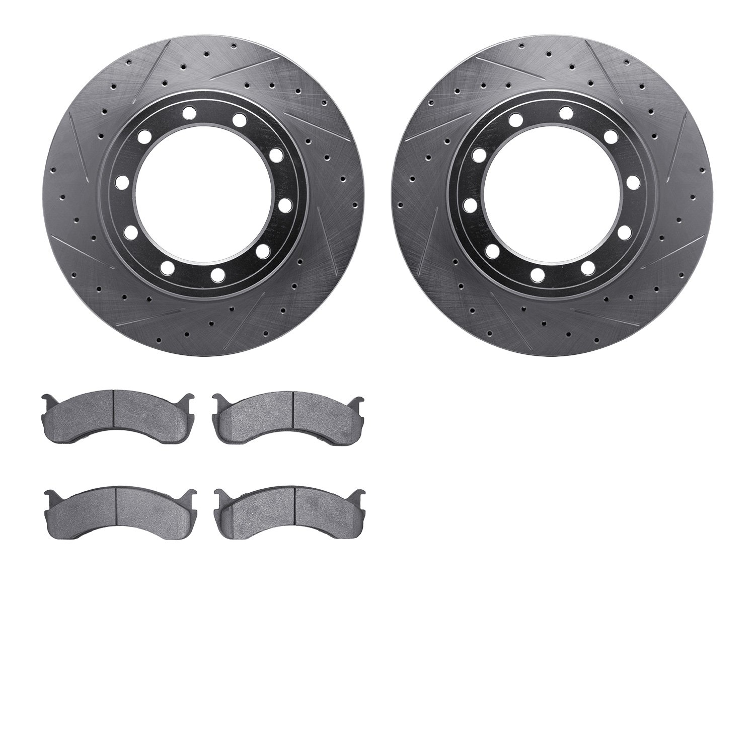 7202-99250 Drilled/Slotted Rotors w/Heavy-Duty Brake Pads Kit [Silver], 2007-2019 Multiple Makes/Models, Position: Rear, Front