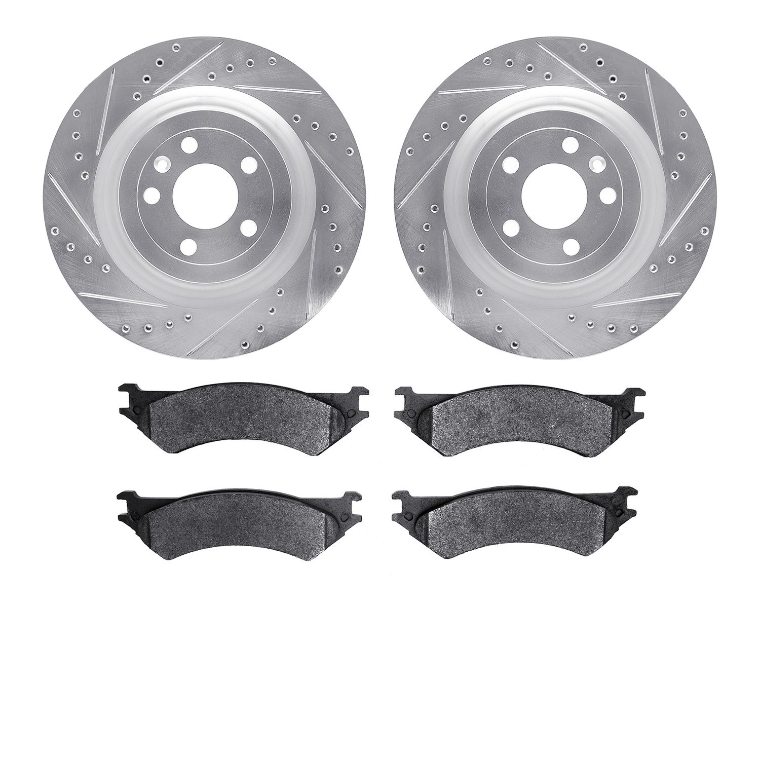7202-99261 Drilled/Slotted Rotors w/Heavy-Duty Brake Pads Kit [Silver], 2013-2019 Ford/Lincoln/Mercury/Mazda, Position: Front