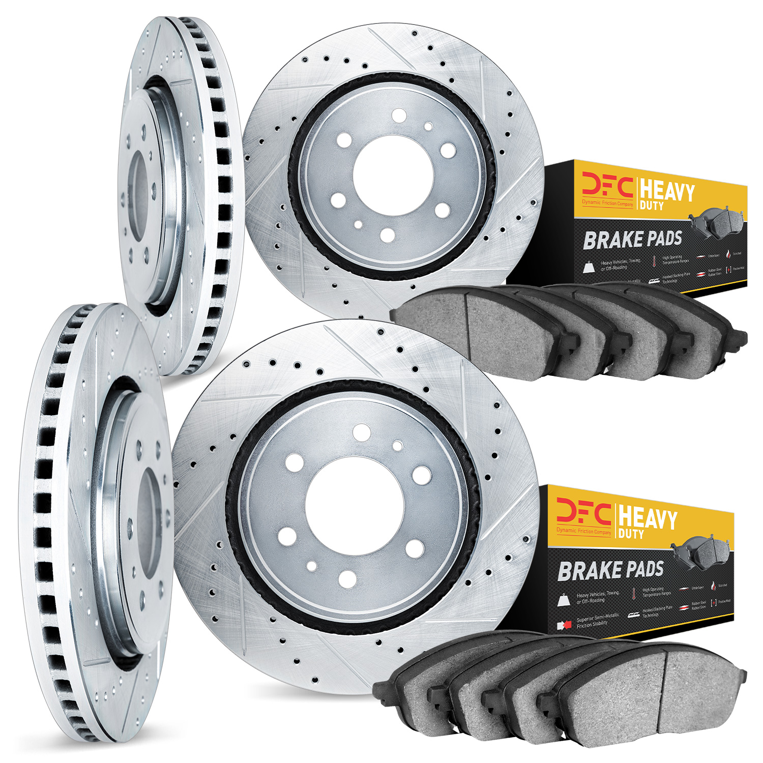 7204-40214 Drilled/Slotted Rotors w/Heavy-Duty Brake Pads Kit [Silver], 2007-2018 Multiple Makes/Models, Position: Front and Rea