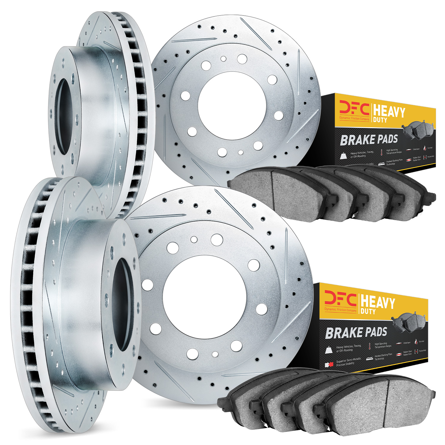 7204-40219 Drilled/Slotted Rotors w/Heavy-Duty Brake Pads Kit [Silver], 2000-2002 Mopar, Position: Front and Rear