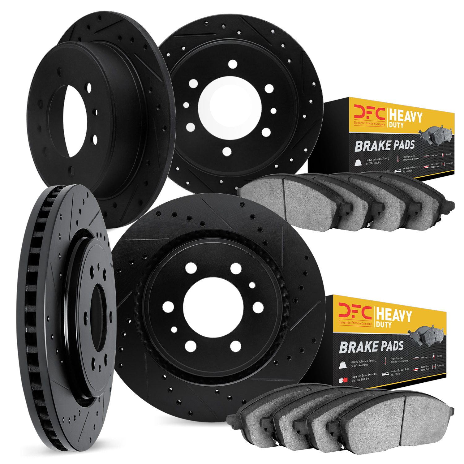 7204-40224 Drilled/Slotted Rotors w/Heavy-Duty Brake Pads Kit [Silver], 2003-2004 Mopar, Position: Front and Rear