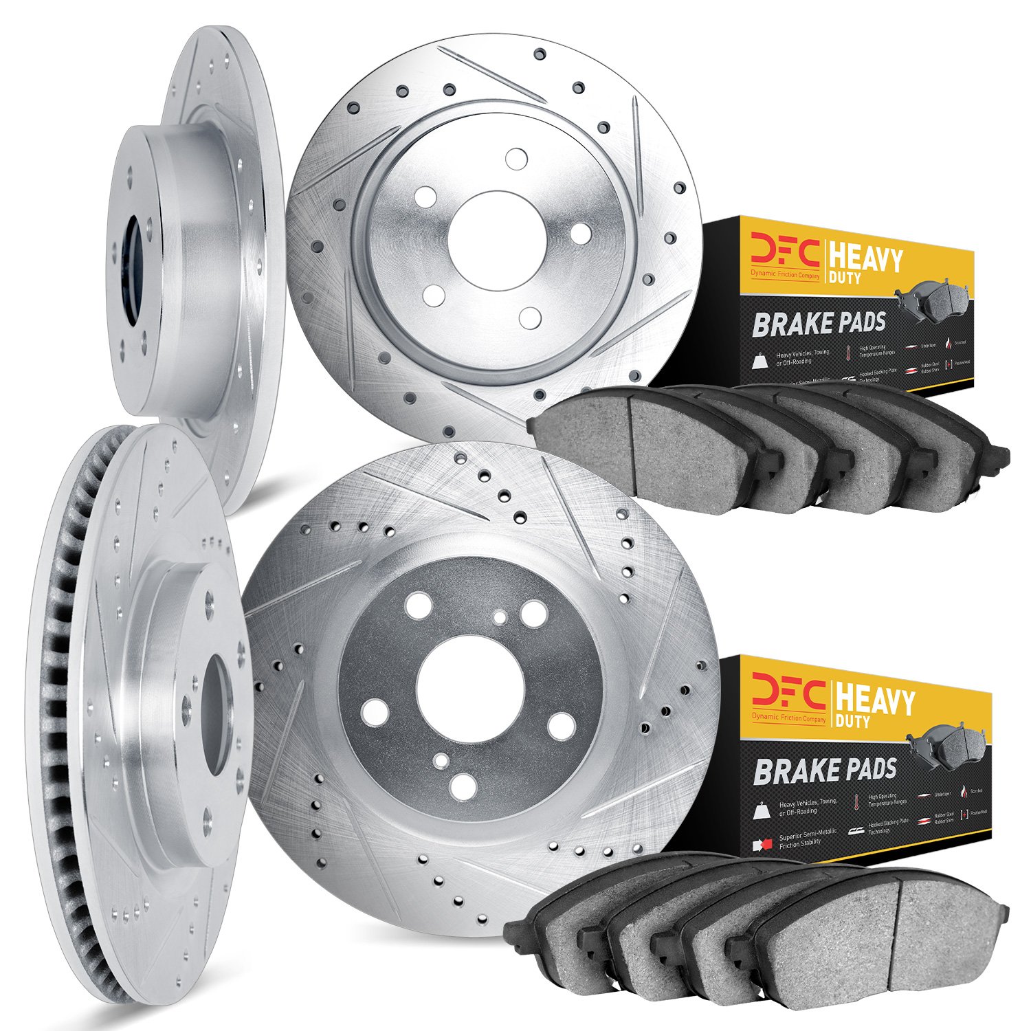 7204-42010 Drilled/Slotted Rotors w/Heavy-Duty Brake Pads Kit [Silver], Fits Select Mopar, Position: Front and Rear