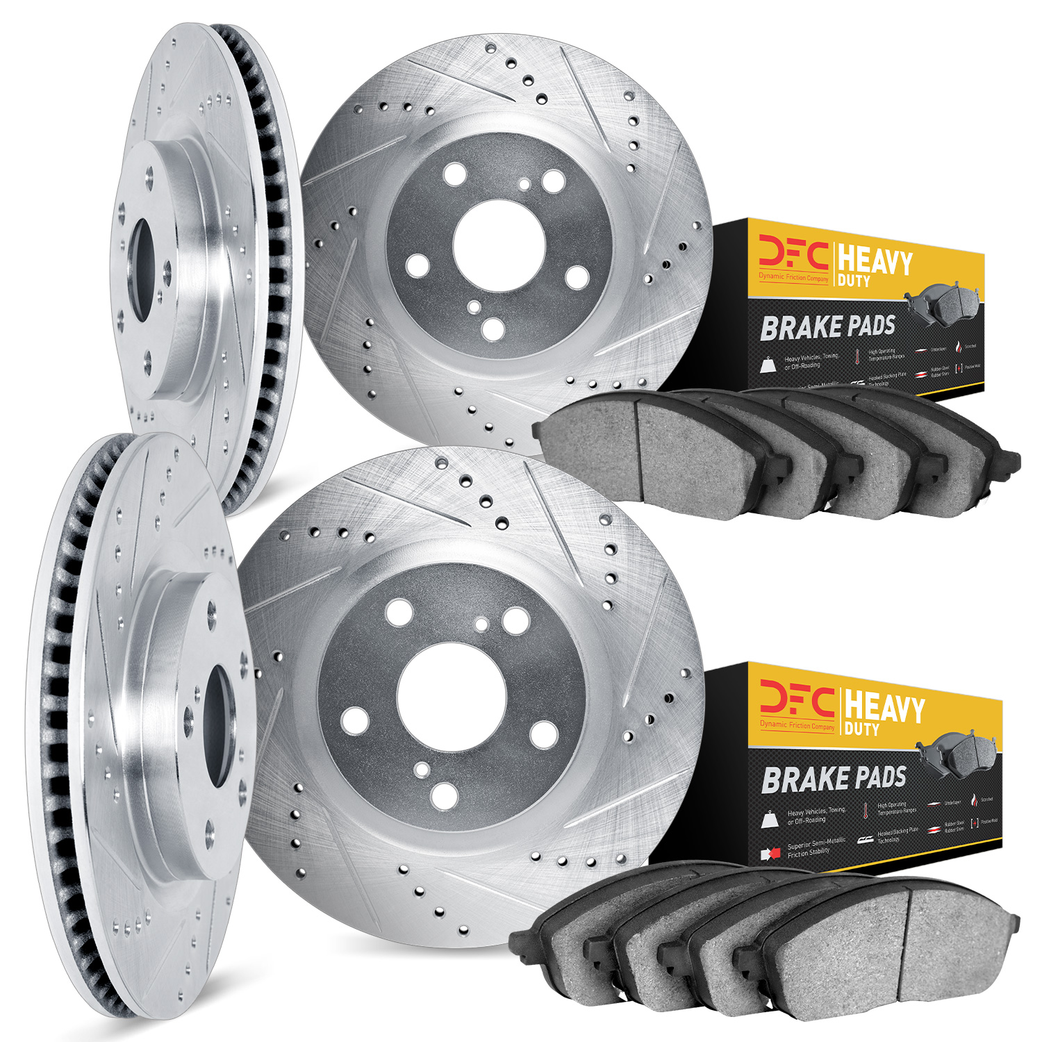 7204-42011 Drilled/Slotted Rotors w/Heavy-Duty Brake Pads Kit [Silver], Fits Select Mopar, Position: Front and Rear