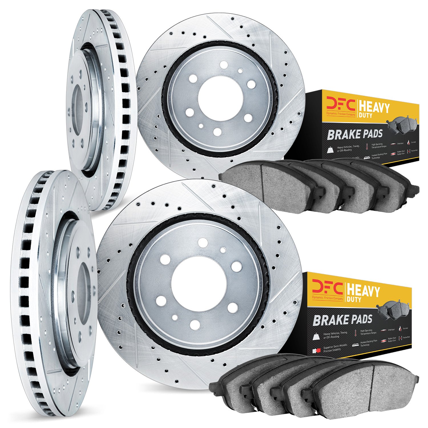 7204-48066 Drilled/Slotted Rotors w/Heavy-Duty Brake Pads Kit [Silver], 2000-2006 GM, Position: Front and Rear