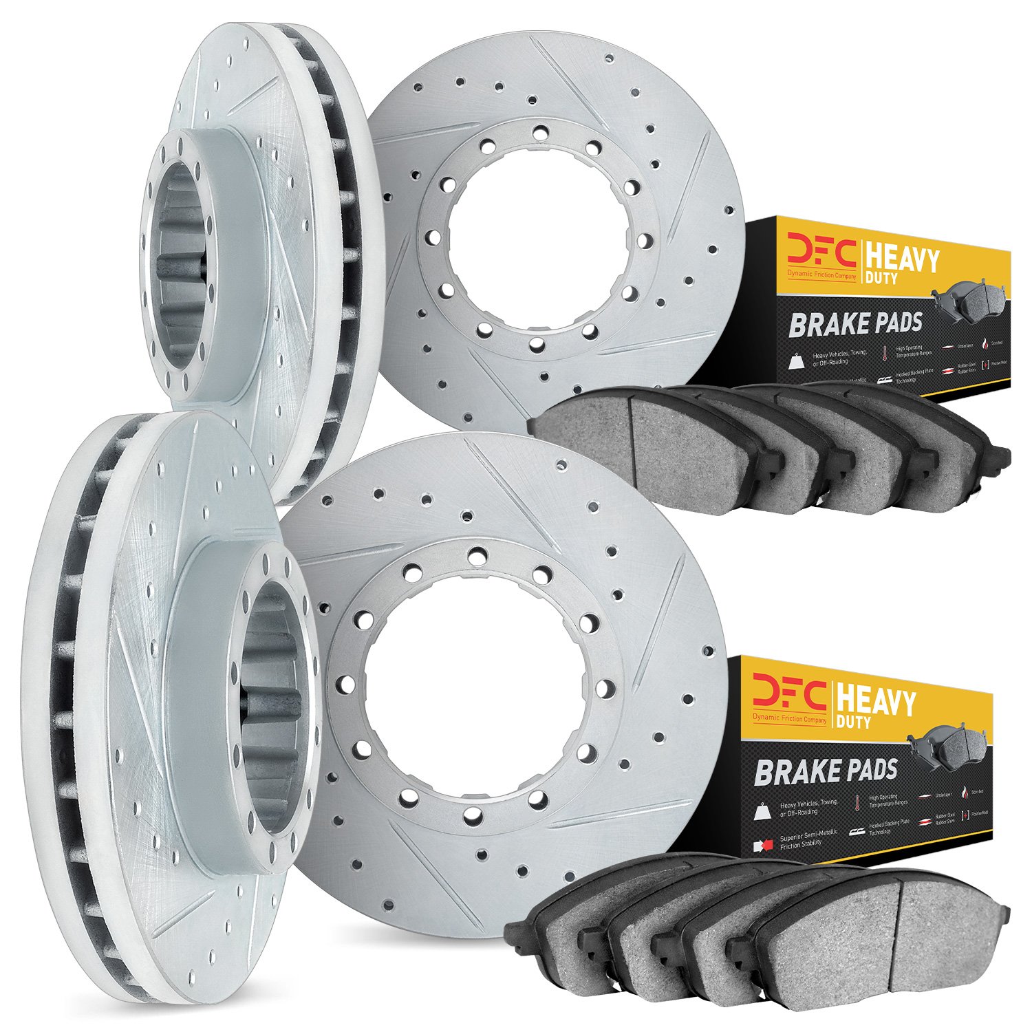 7204-72061 Drilled/Slotted Rotors w/Heavy-Duty Brake Pads Kit [Silver], 2010-2011 Freightliner, Position: Front and Rear