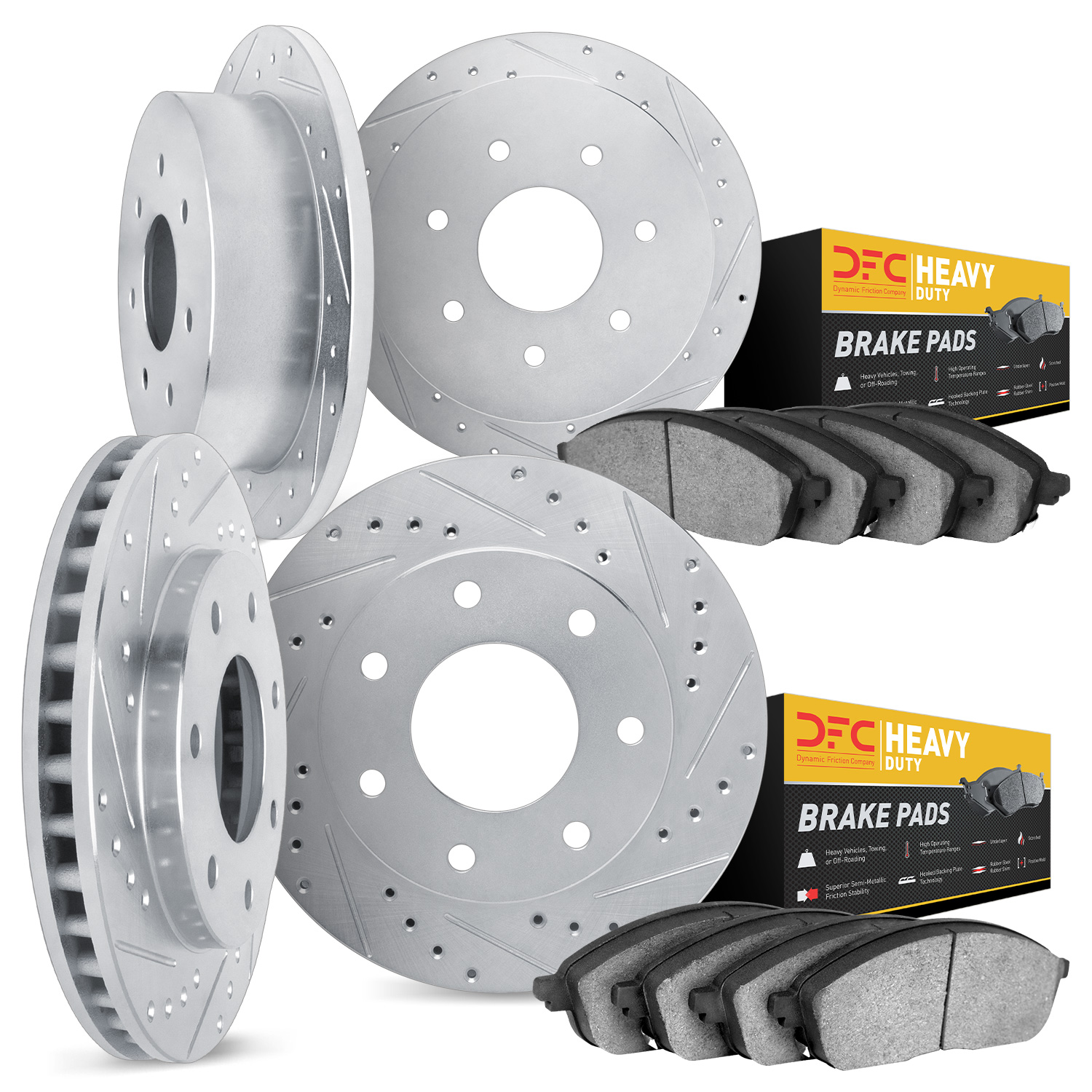 7204-99048 Drilled/Slotted Rotors w/Heavy-Duty Brake Pads Kit [Silver], 1997-2004 Ford/Lincoln/Mercury/Mazda, Position: Front an